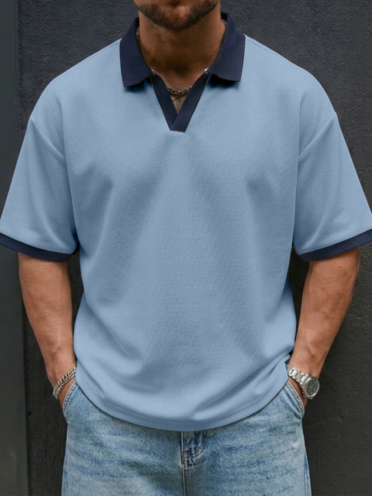 Men's Casual And Comfortable Contrast Color Seagull Collar Short Sleeve Polo Shirt