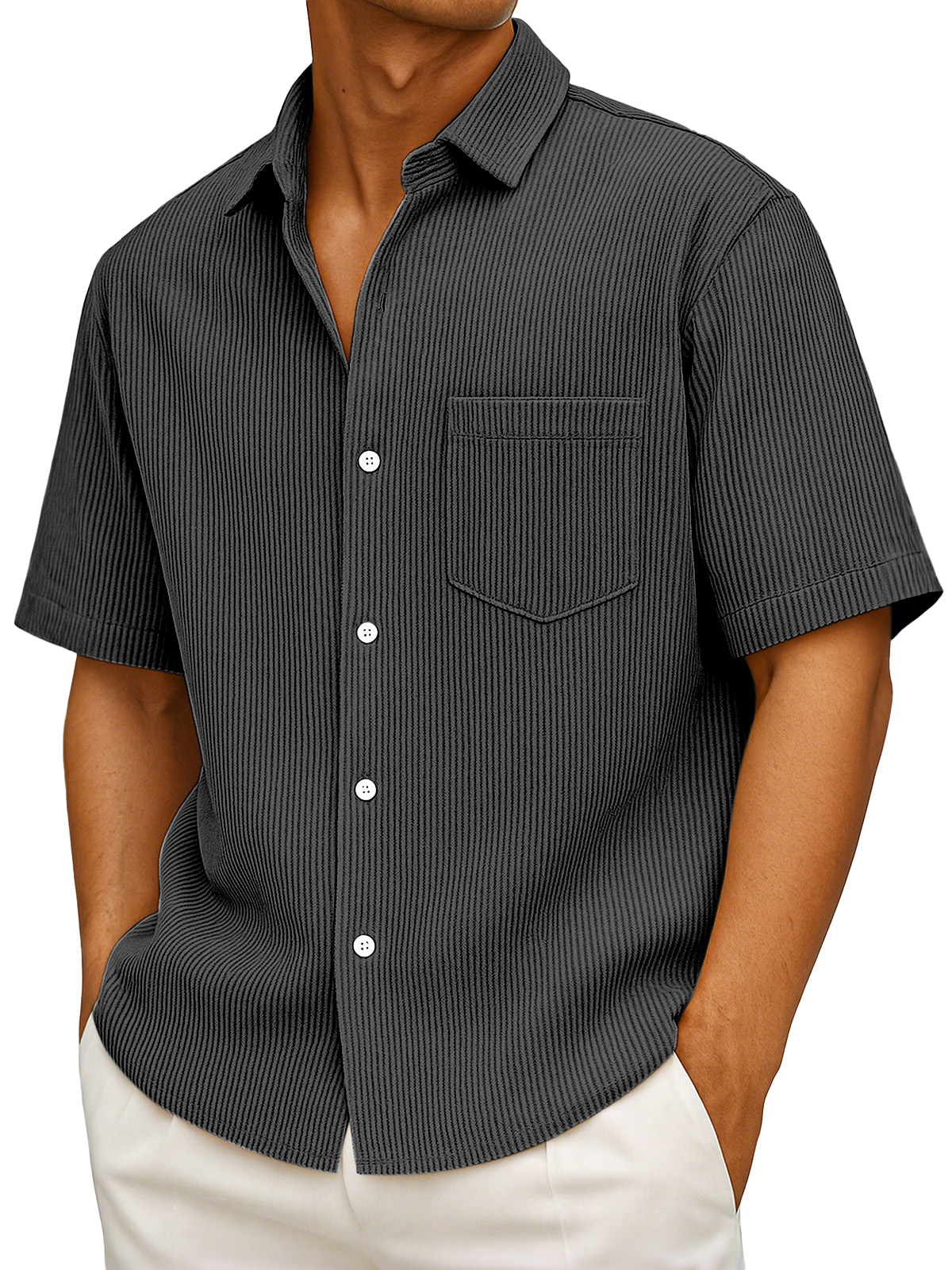 Men's Casual Simple Solid Color Vertical Pit Short-sleeved Button-down Shirt