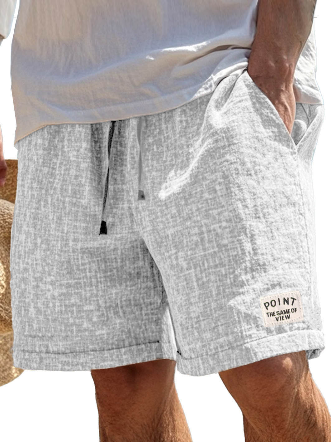 Men's Fashion Casual Hemp Fabric Pocket Embroidered Logo Shorts 