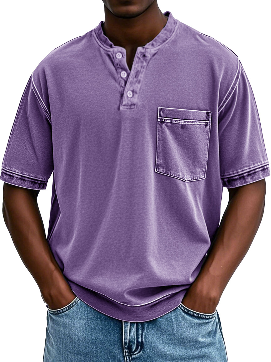 Men's Fashion Retro Round Neck Pocket Short Sleeve Henley Shirt