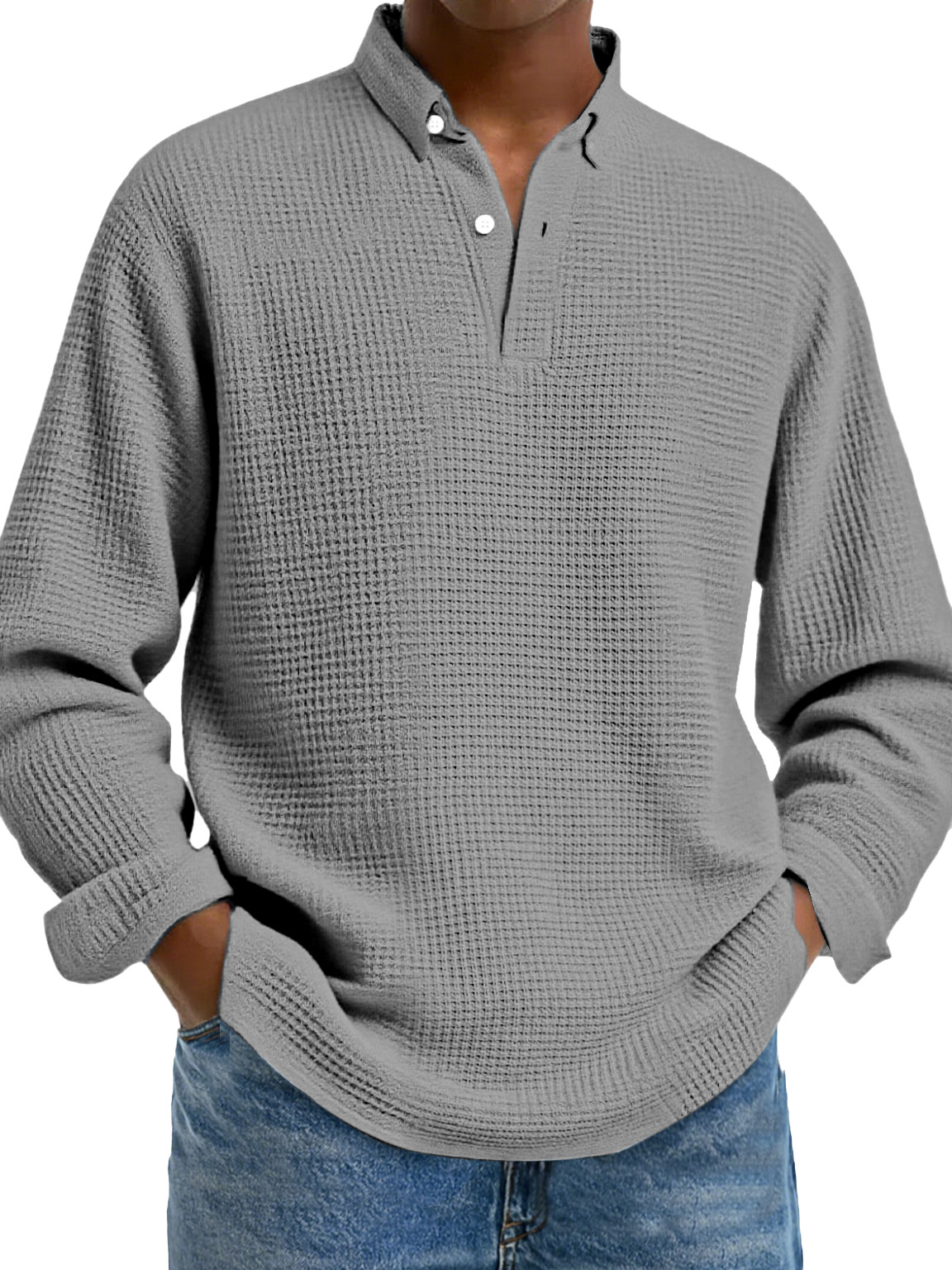 Men's Simple Solid Color Waffle Lapel Long Sleeve Polo Shirt