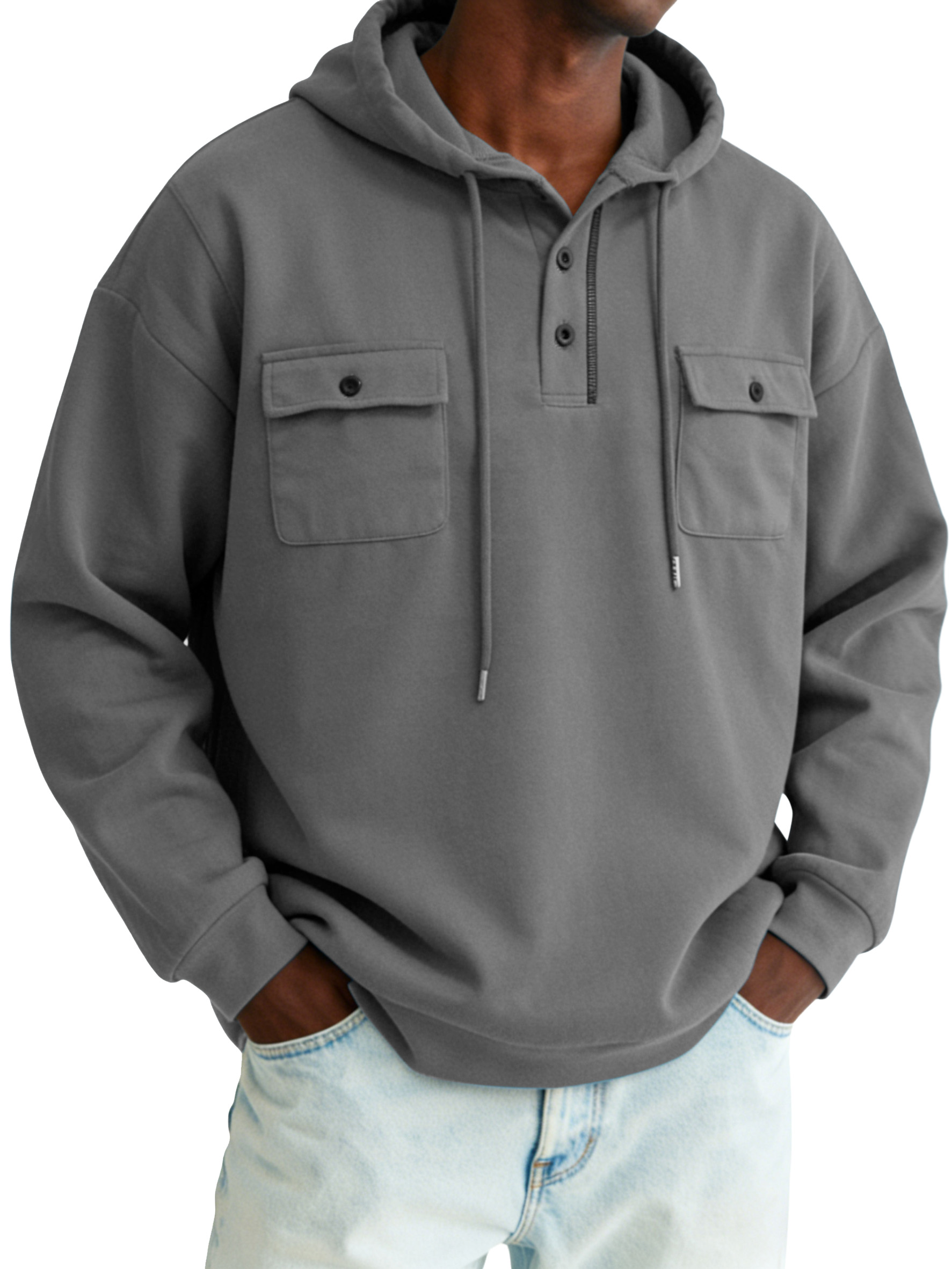 Men's simple and comfortable cotton buttoned hooded long-sleeve top