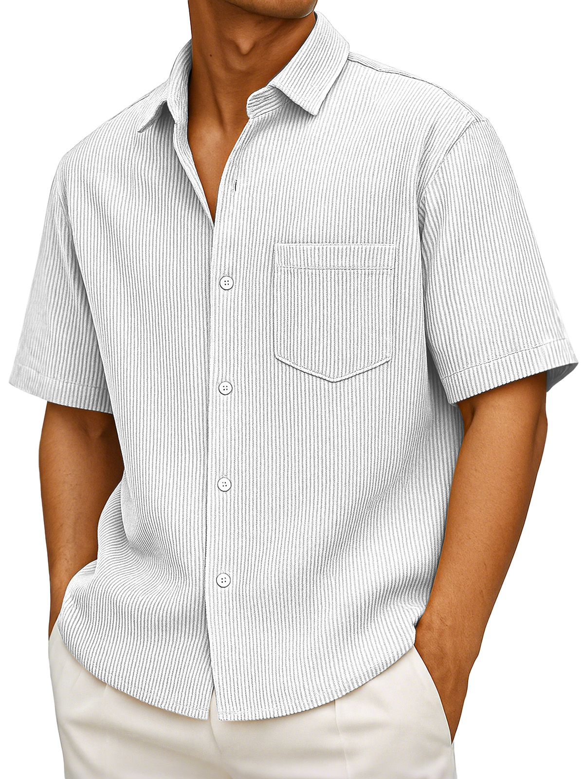 Men's Casual Simple Solid Color Vertical Pit Short-sleeved Button-down Shirt