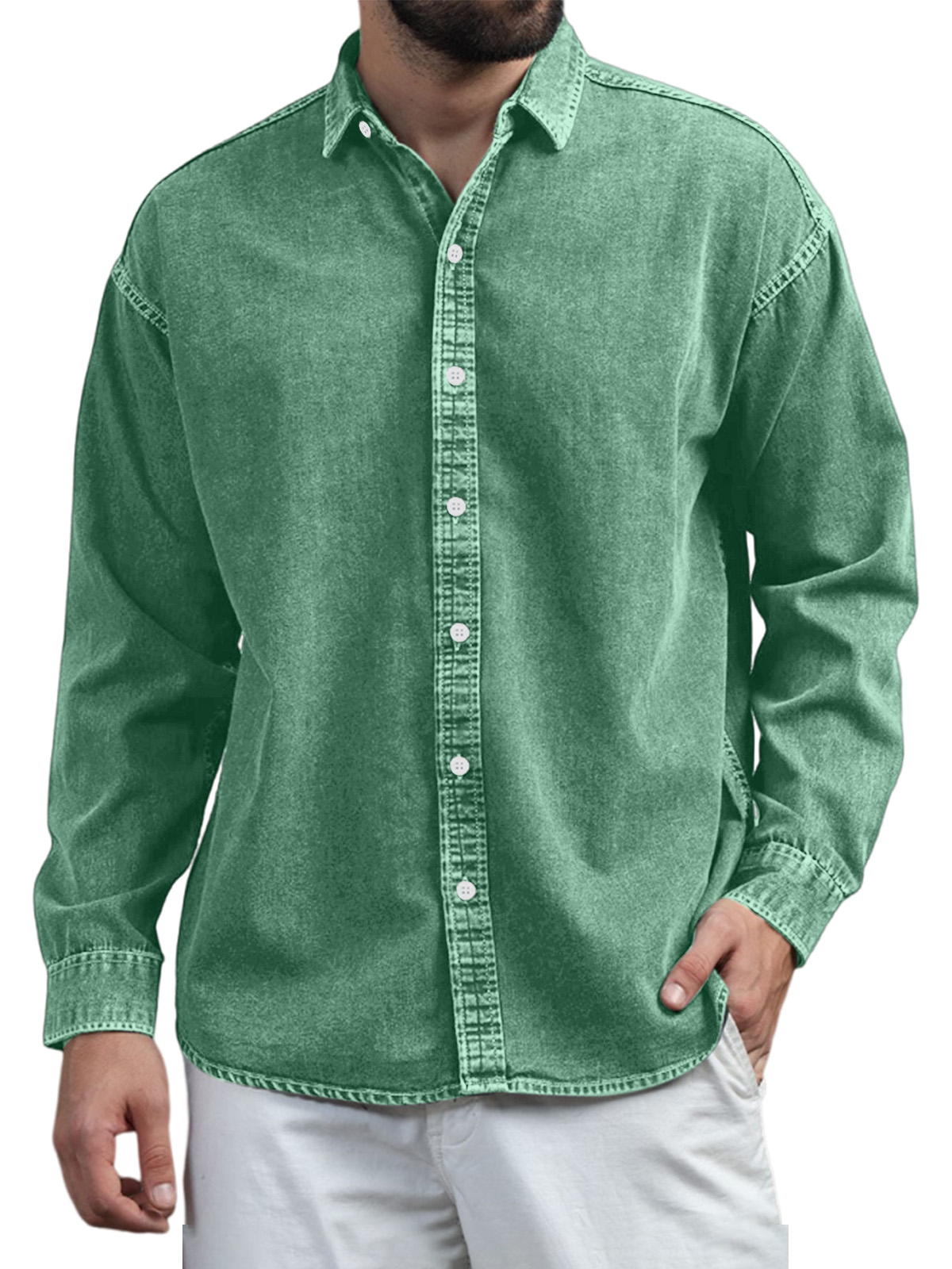 Men's Retro Casual Solid Color Lapel Long Sleeve Shirt