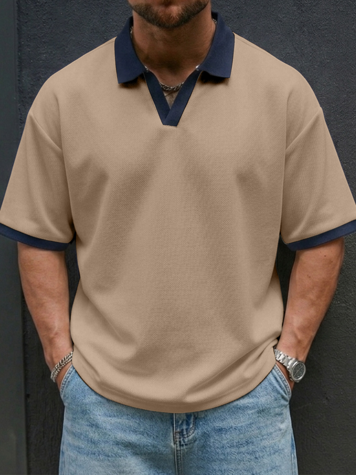 Men's Casual And Comfortable Contrast Color Seagull Collar Short Sleeve Polo Shirt