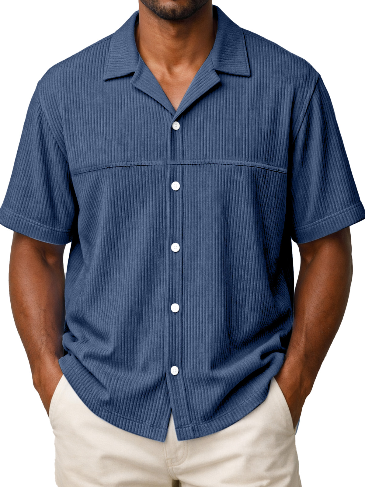 Men's Loose Solid Color Vertical Stripe Panel Design Short-sleeved Polo Shirt