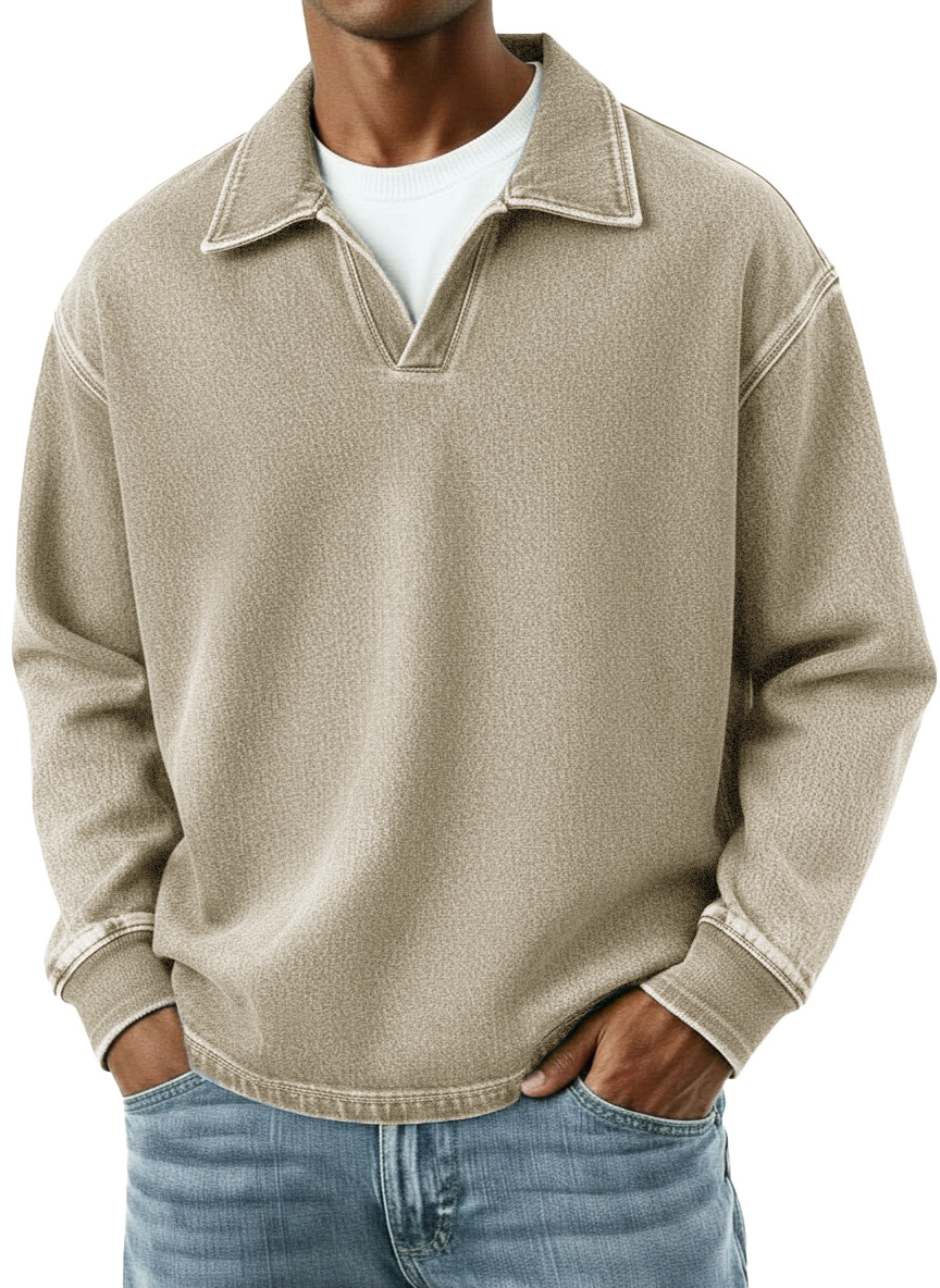 Men's Distressed Retro Fashion Lapel V-Neck Long-Sleeve Polo Shirt