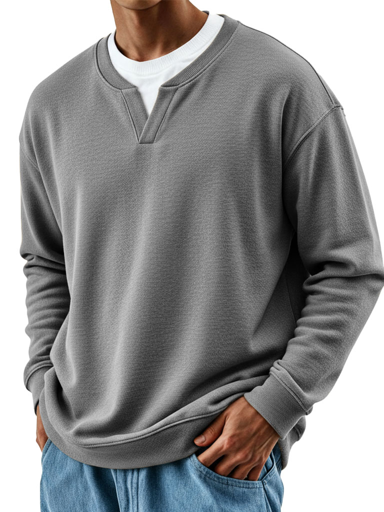 Men's Stylish Casual Retro Fake Two-piece V-neck Loose-fitting Long-sleeved Sweatshirt 