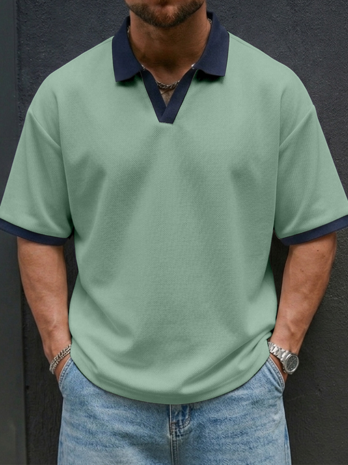 Men's Casual And Comfortable Contrast Color Seagull Collar Short Sleeve Polo Shirt