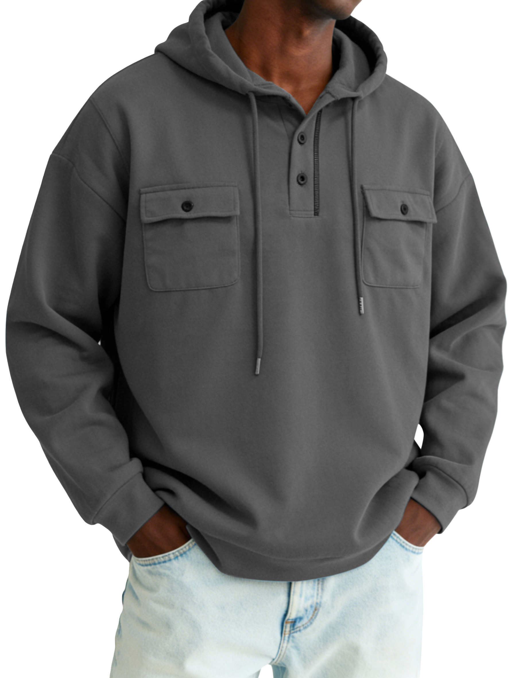 Men's simple and comfortable cotton buttoned hooded long-sleeve top