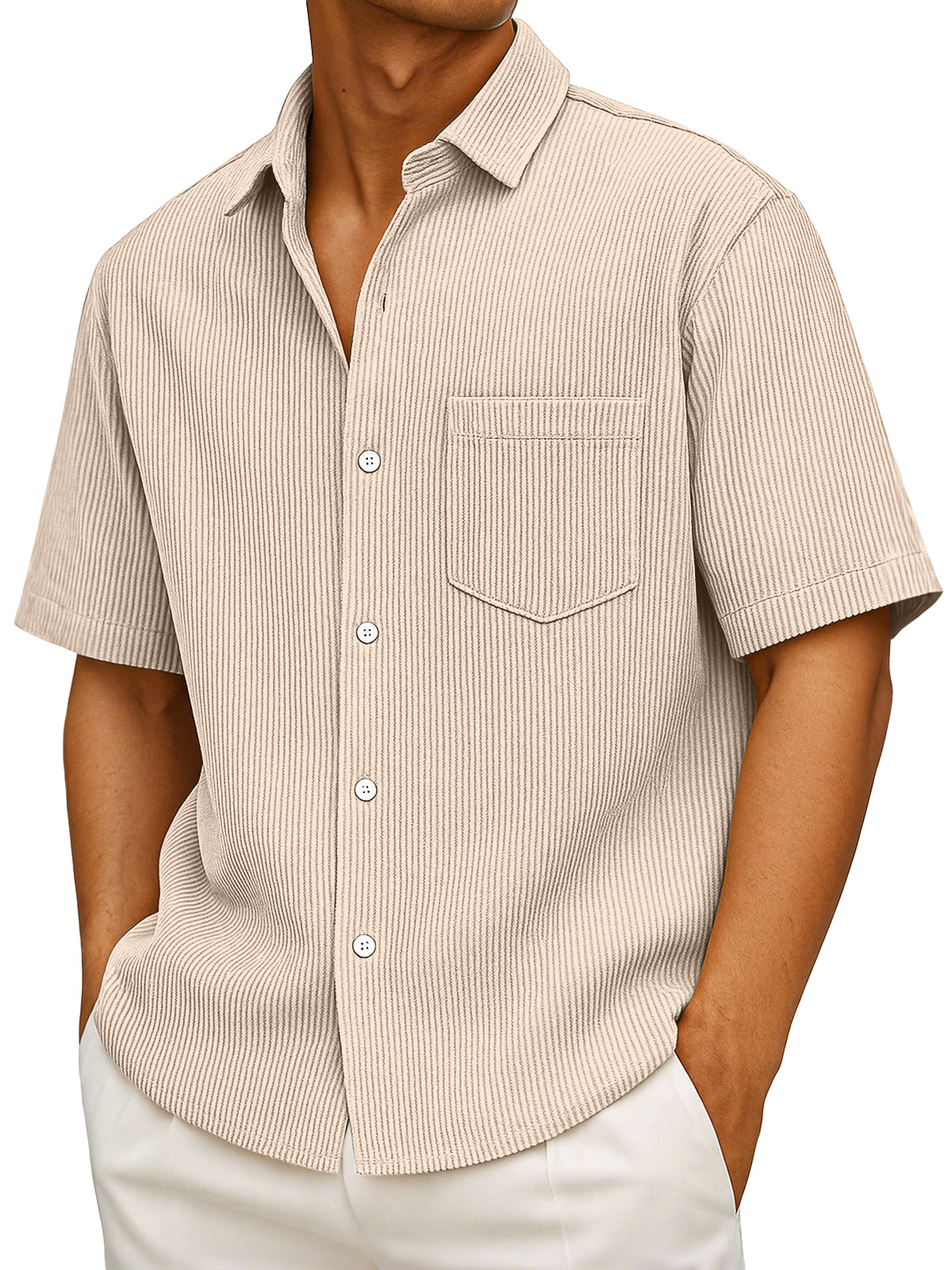 Men's Casual Simple Solid Color Vertical Pit Short-sleeved Button-down Shirt