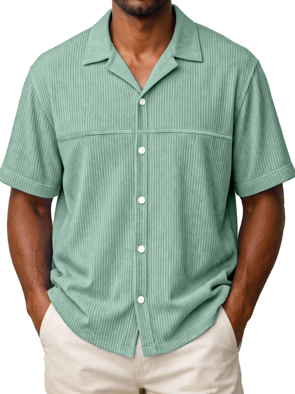 Men's Loose Solid Color Vertical Stripe Panel Design Short-sleeved Polo Shirt