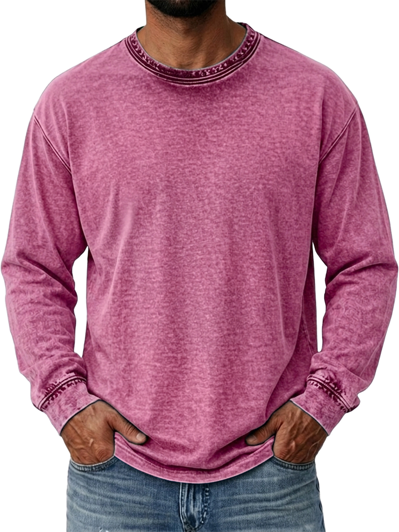Men's Vintage-Style Distressed Crew-Neck Washed Casual Long-Sleeve T-Shirt
