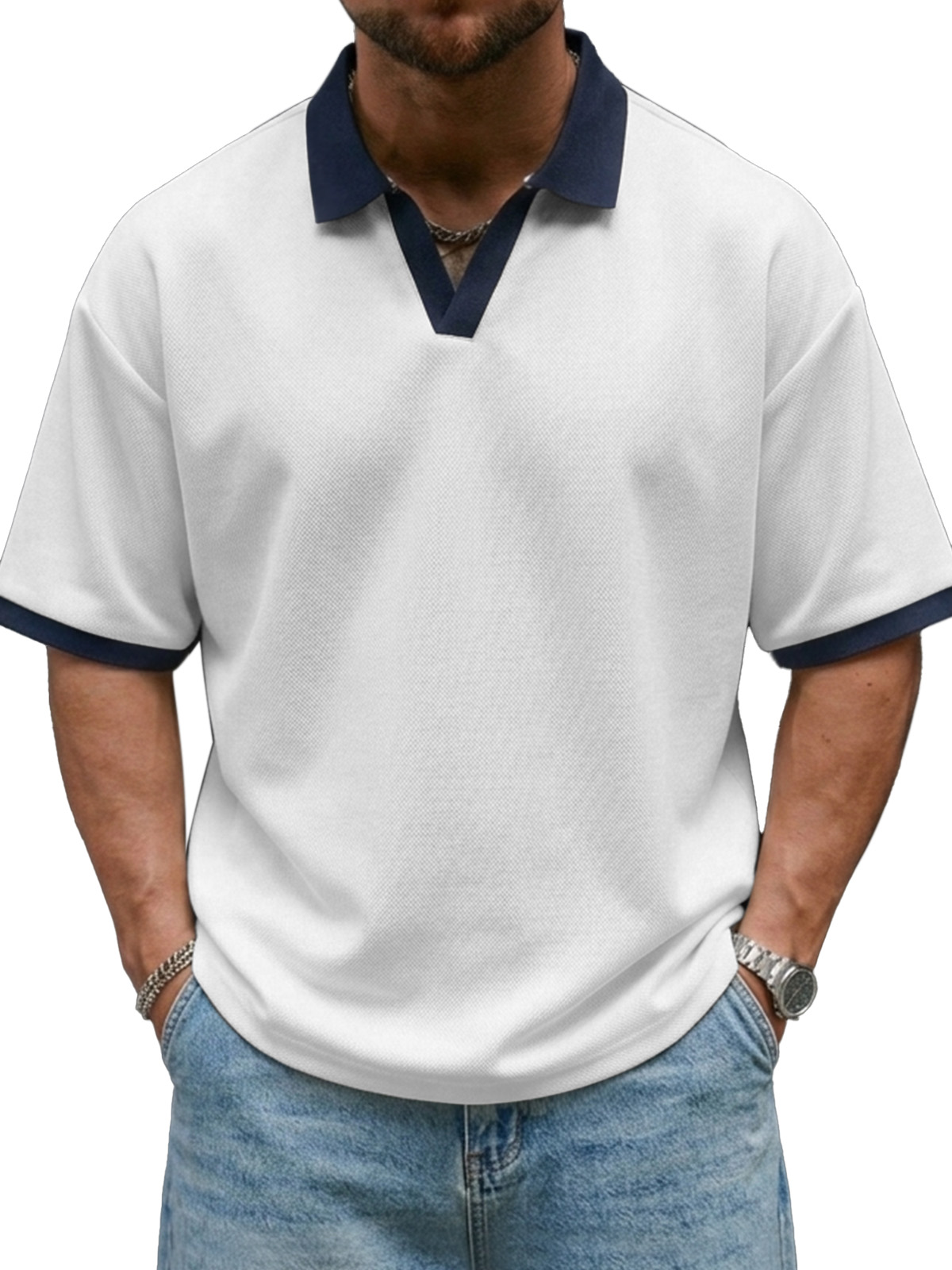 Men's Casual And Comfortable Contrast Color Seagull Collar Short Sleeve Polo Shirt