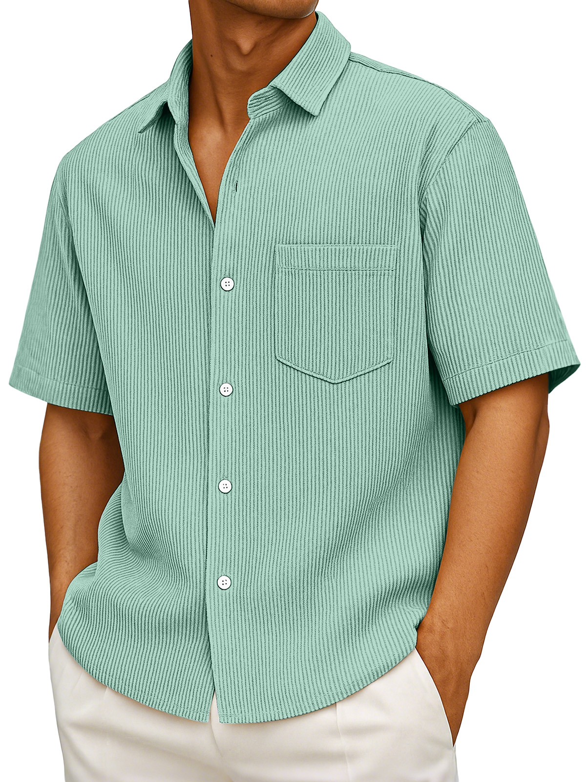 Men's Casual Simple Solid Color Vertical Pit Short-sleeved Button-down Shirt