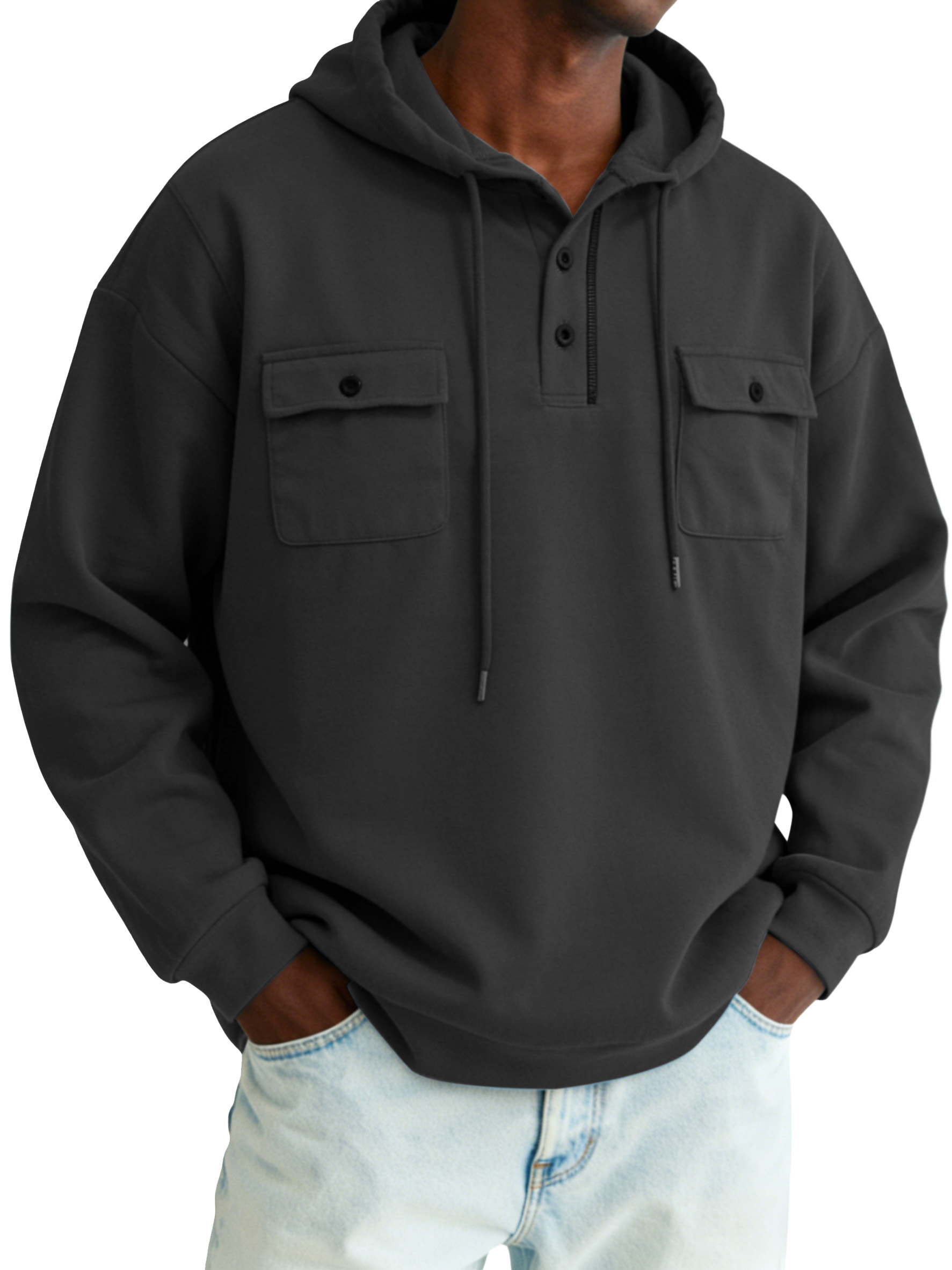 Men's simple and comfortable cotton buttoned hooded long-sleeve top