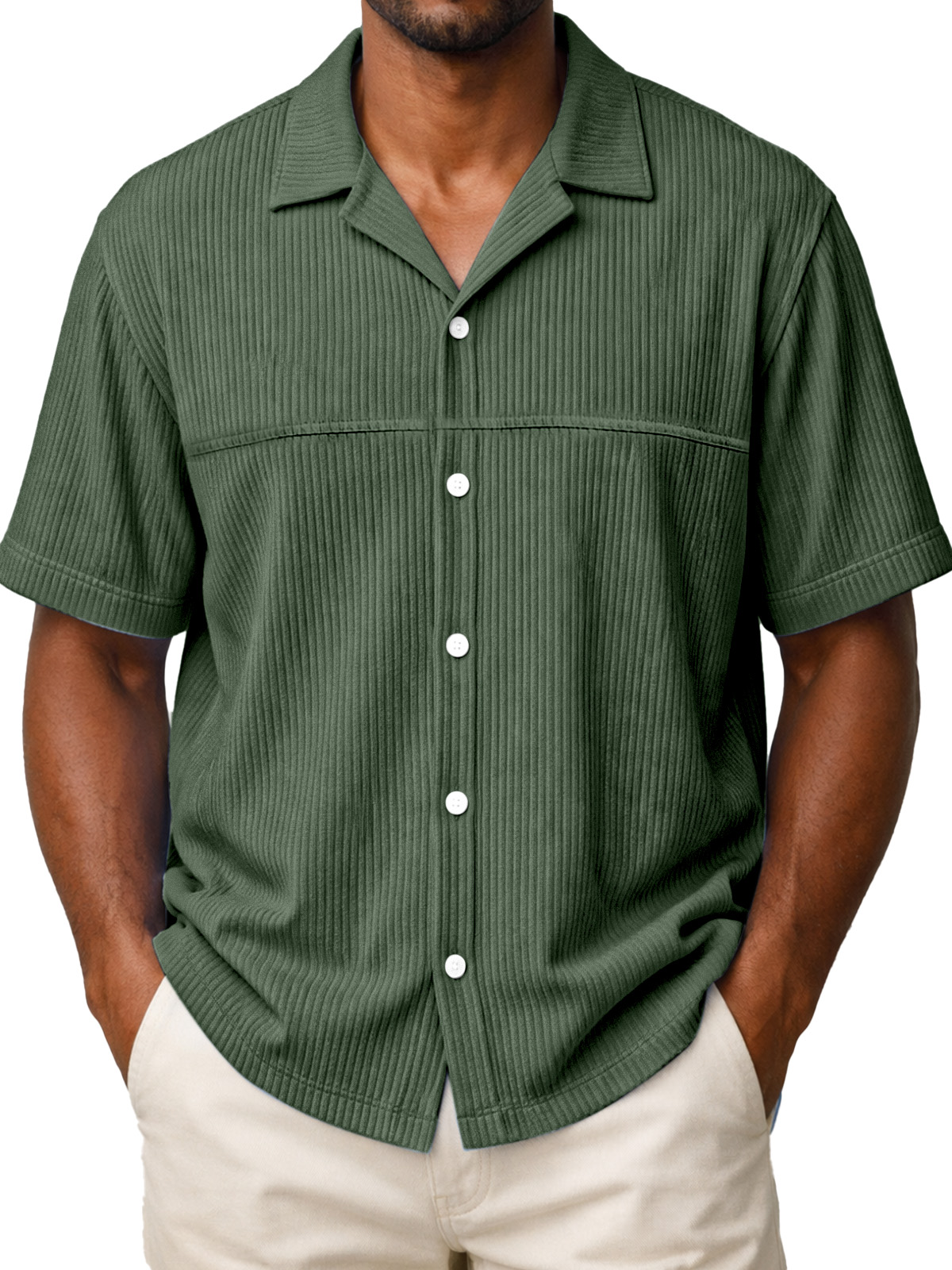 Men's Loose Solid Color Vertical Stripe Panel Design Short-sleeved Polo Shirt