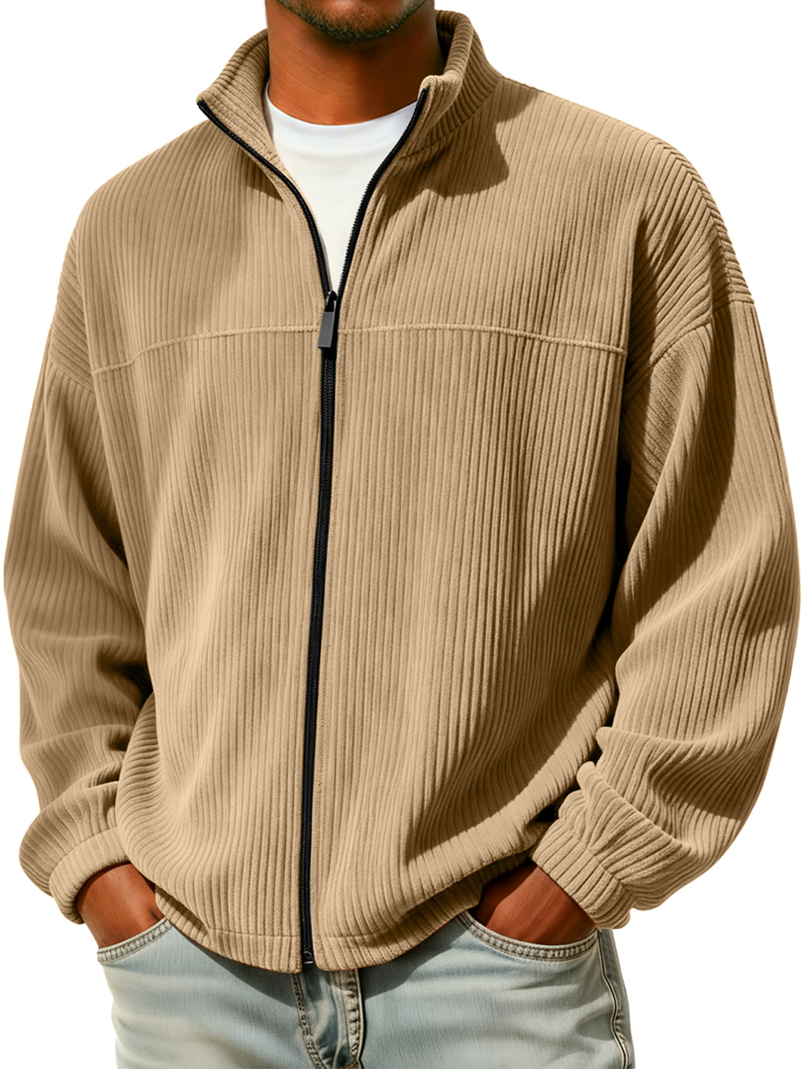 Men's Simple Stand Collar Zippered Corduroy Casual Jacket