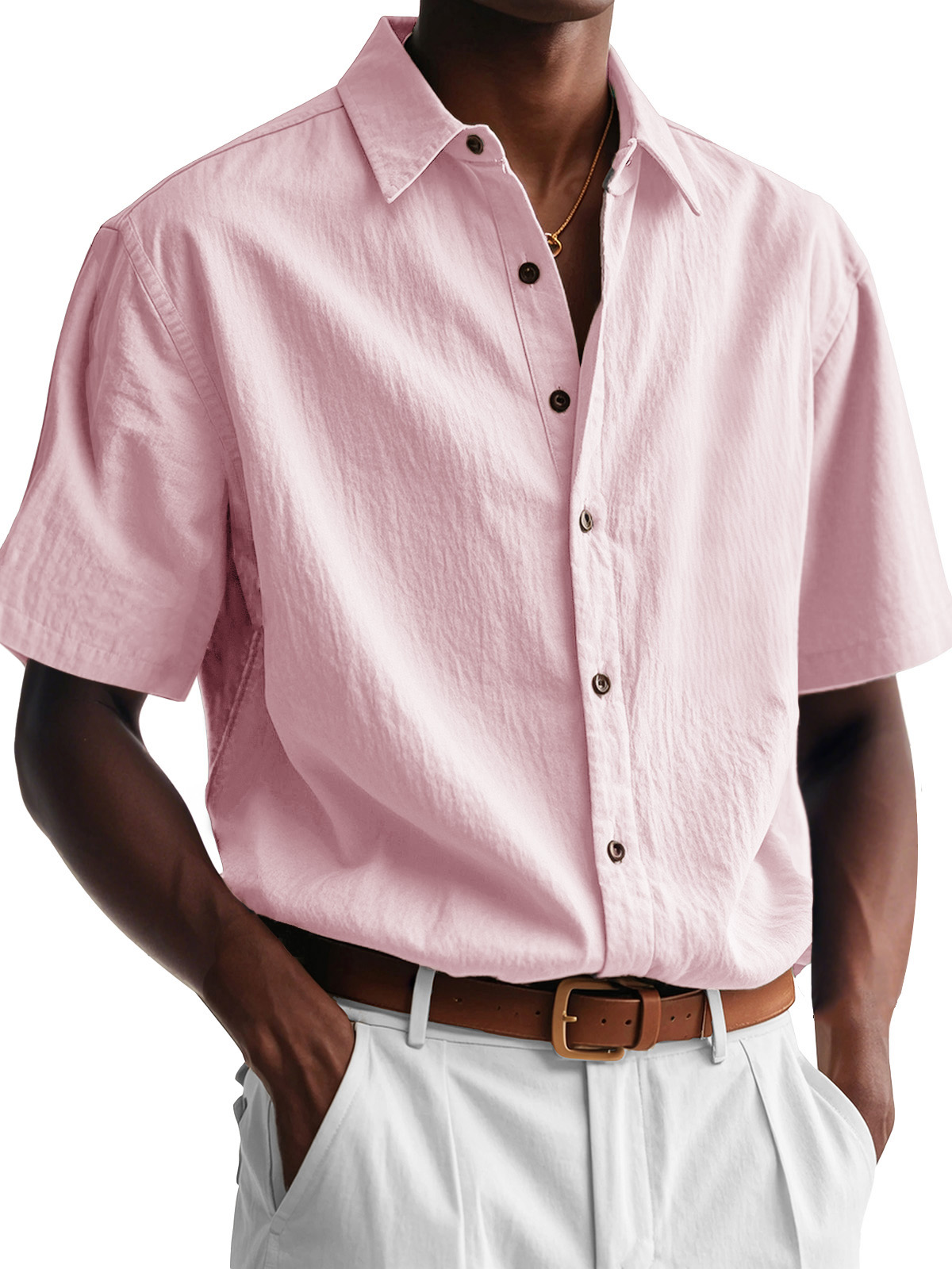Men's Fashion Casual Pleated Fabric Short Sleeve Lapel Shirt