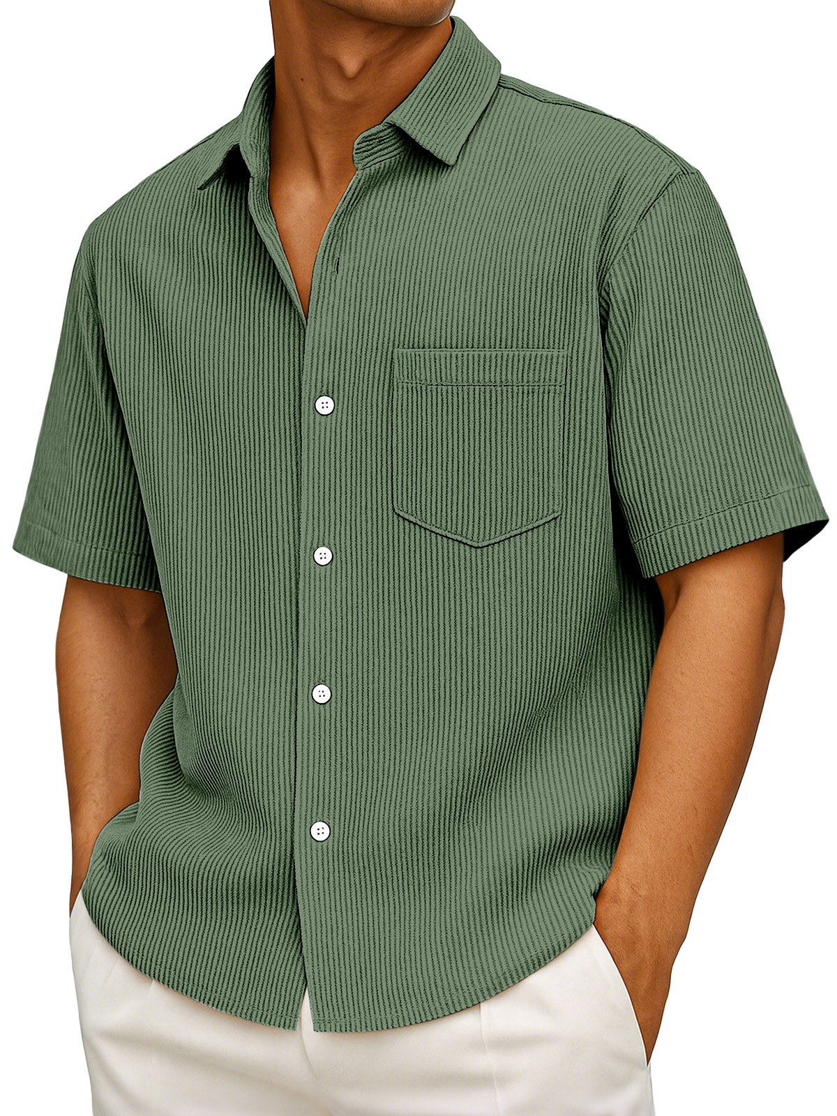 Men's Casual Simple Solid Color Vertical Pit Short-sleeved Button-down Shirt