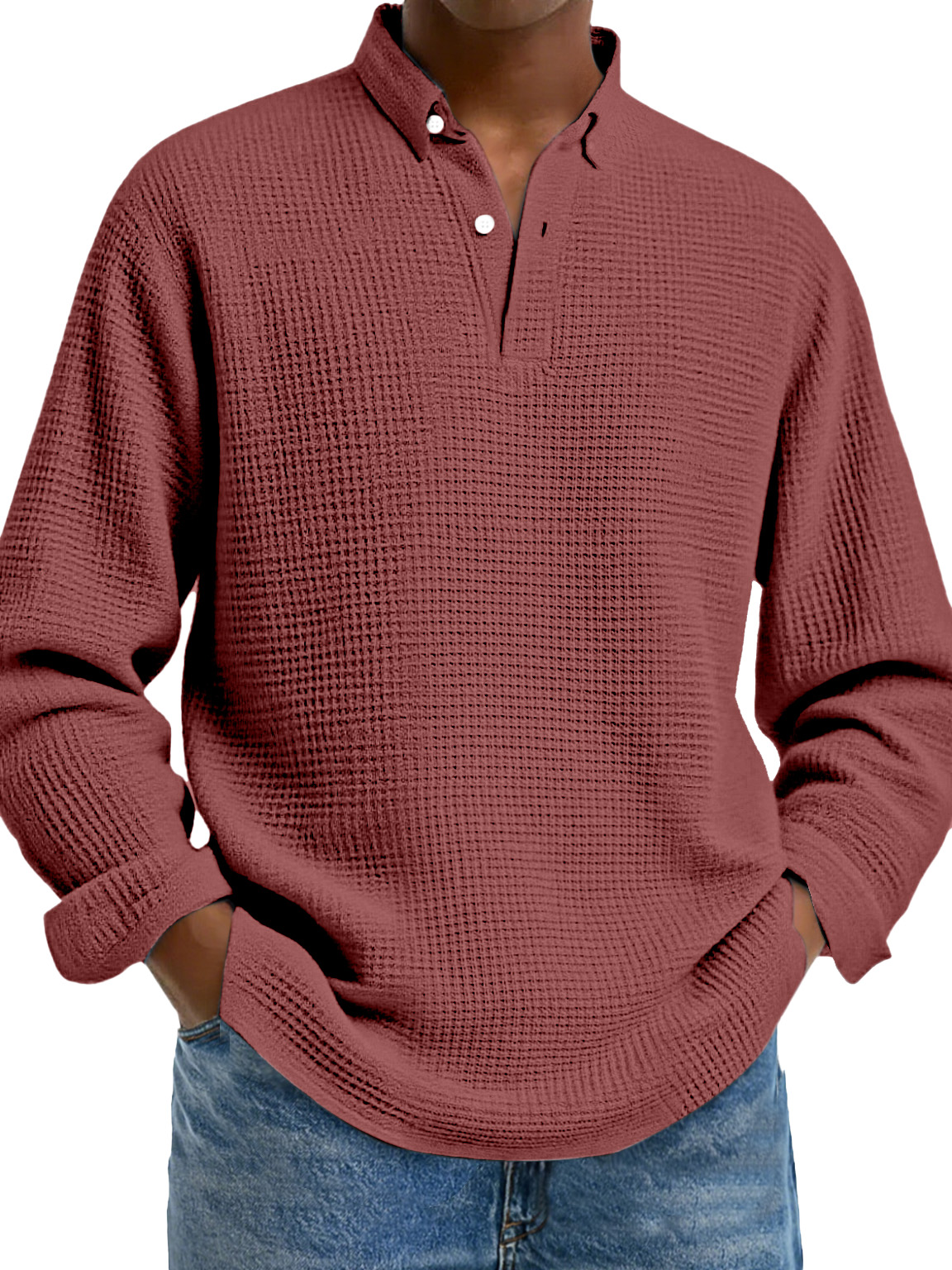 Men's Simple Solid Color Waffle Lapel Long Sleeve Polo Shirt