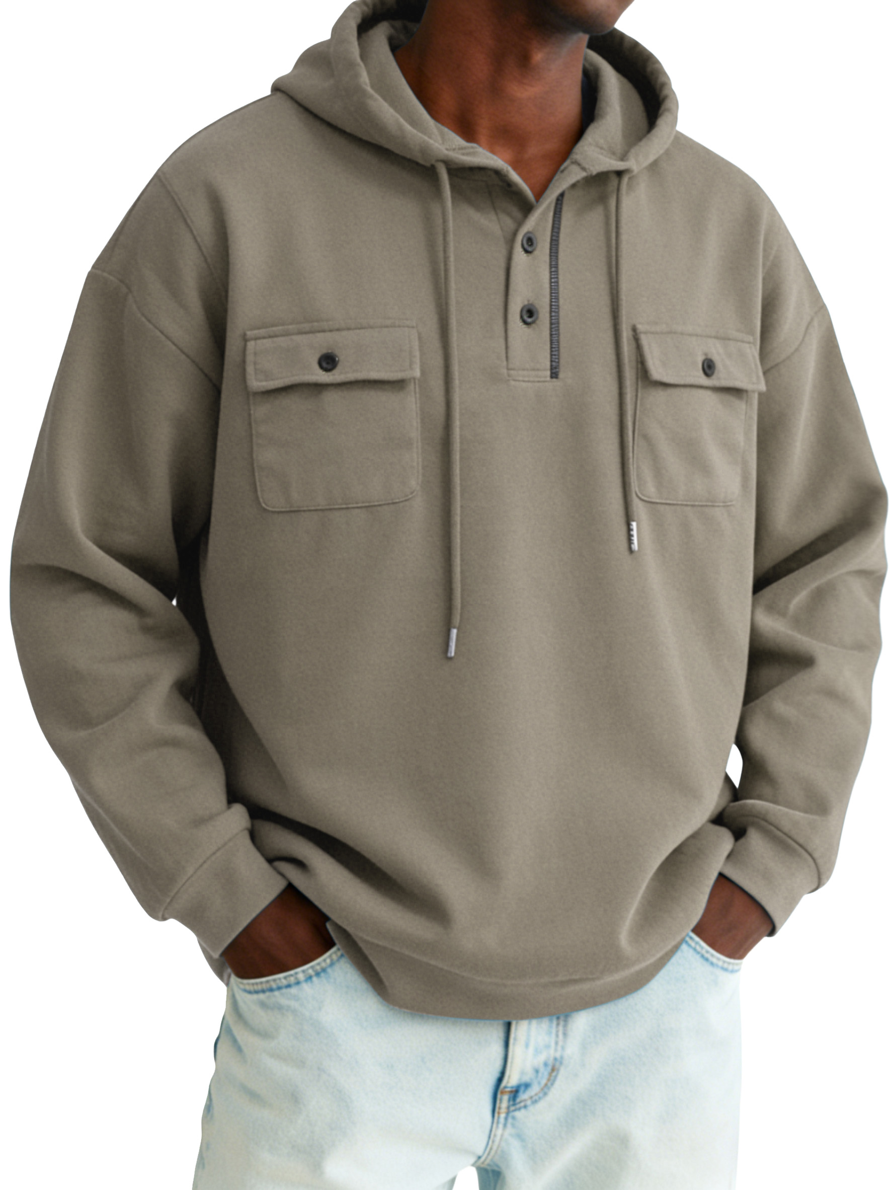 Men's simple and comfortable cotton buttoned hooded long-sleeve top