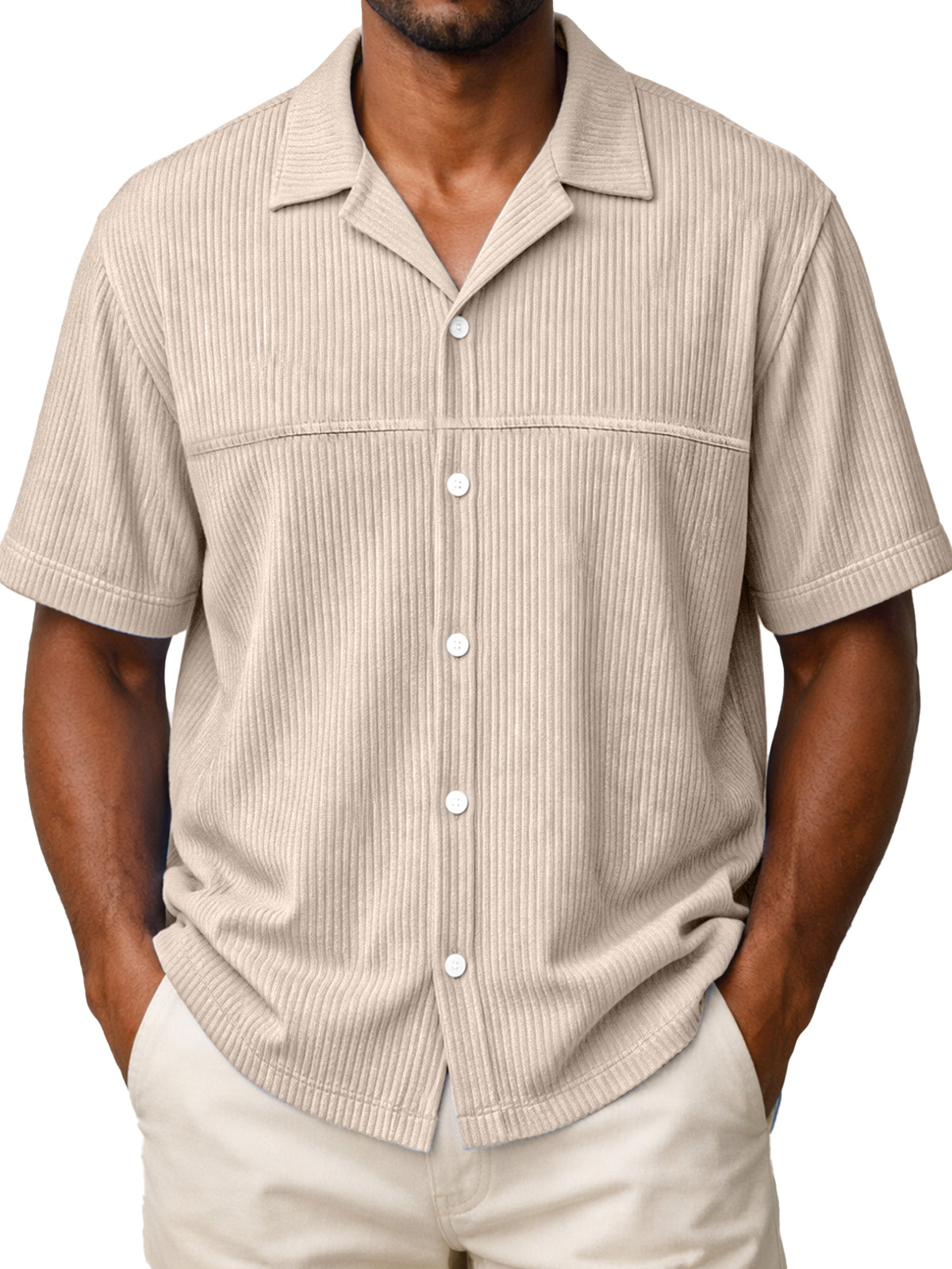 Men's Loose Solid Color Vertical Stripe Panel Design Short-sleeved Polo Shirt