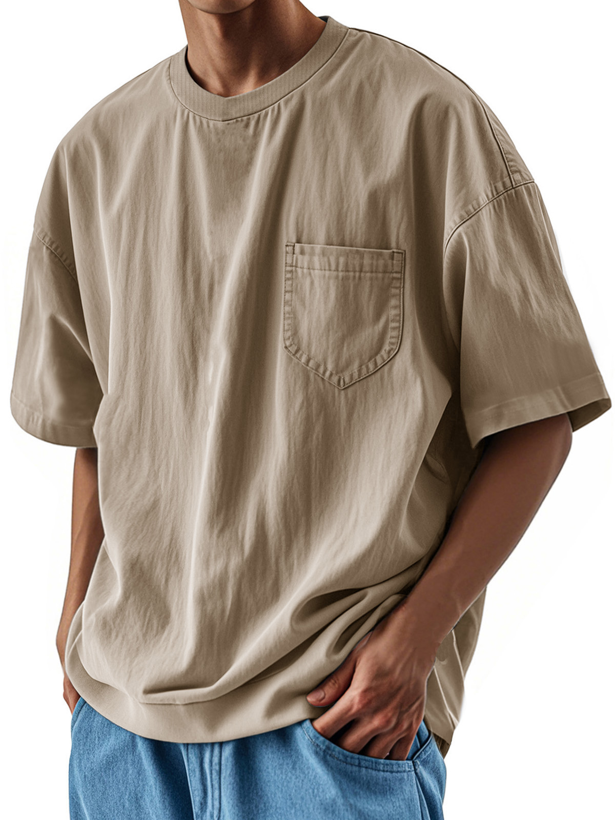 Men's Fashion Casual Retro Shirt Round Neck Pocket Short Sleeve T