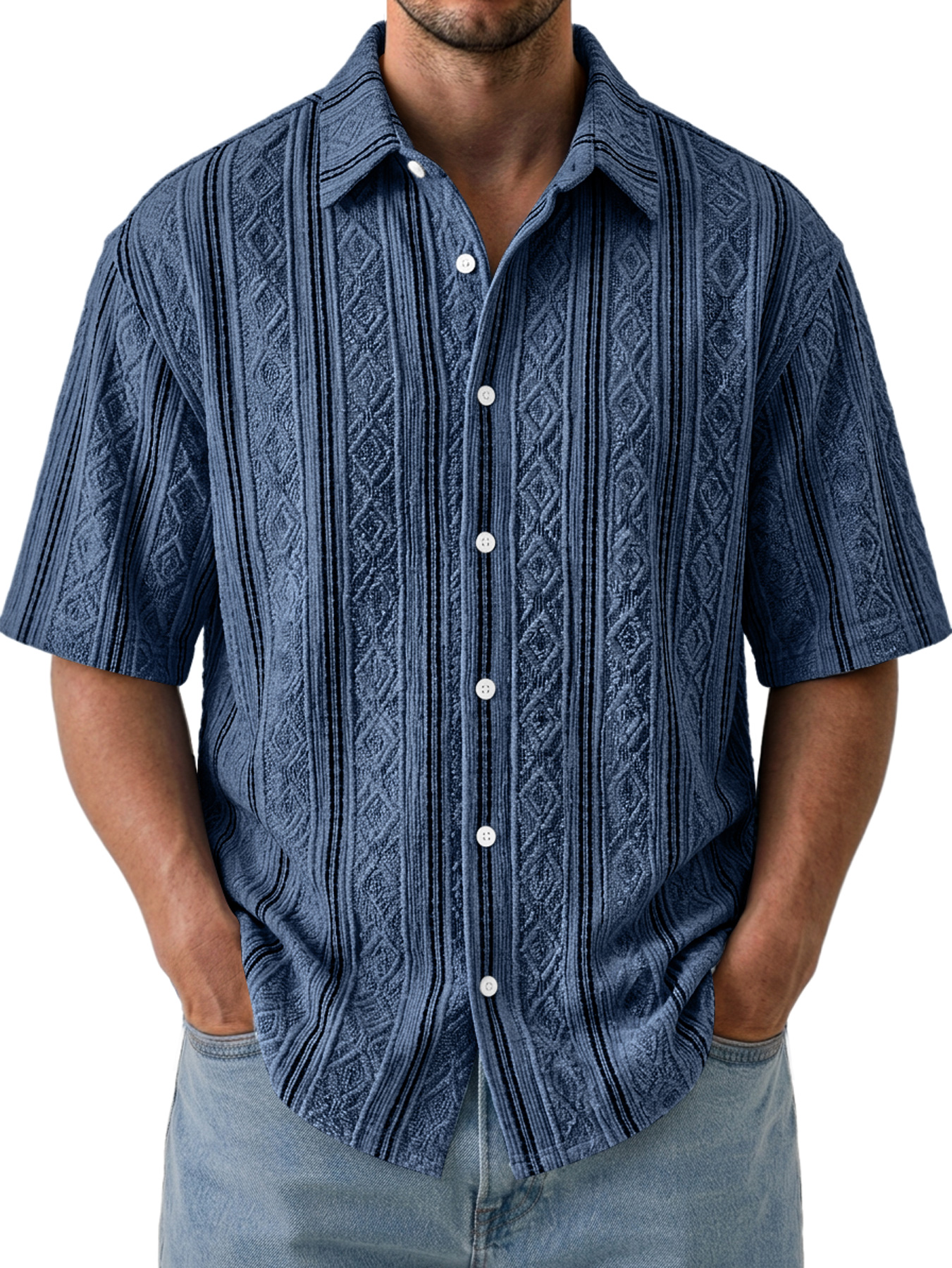 Men's Casual Textured Breathable Collared Short-Sleeve Shirt