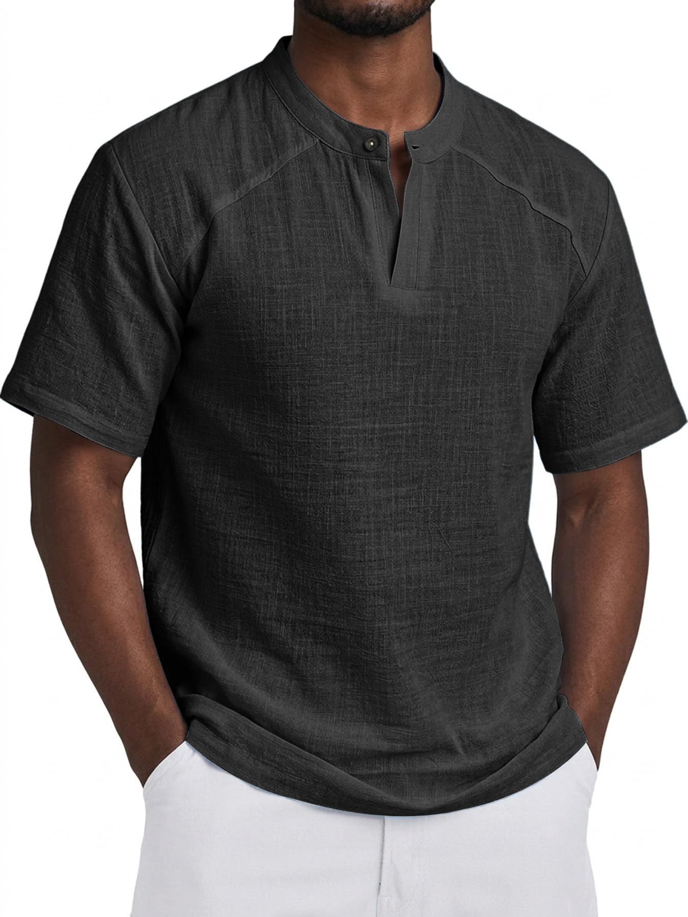 Men's Comfortable Cotton Linen Raglan Casual Short-Sleeve Henley Shirt