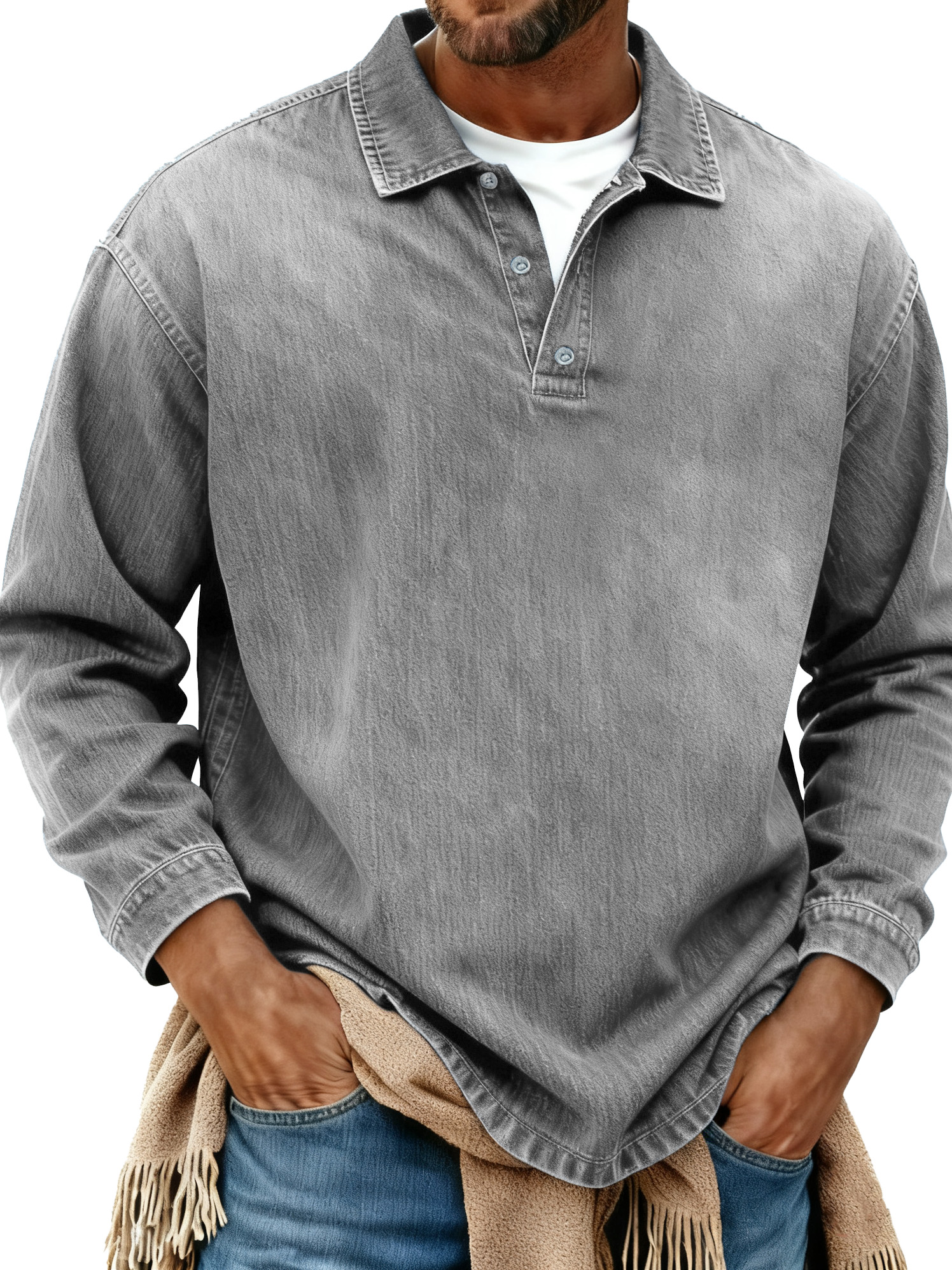 Men's Retro Fashion Distressed Collar Long-Sleeve Polo Shirt
