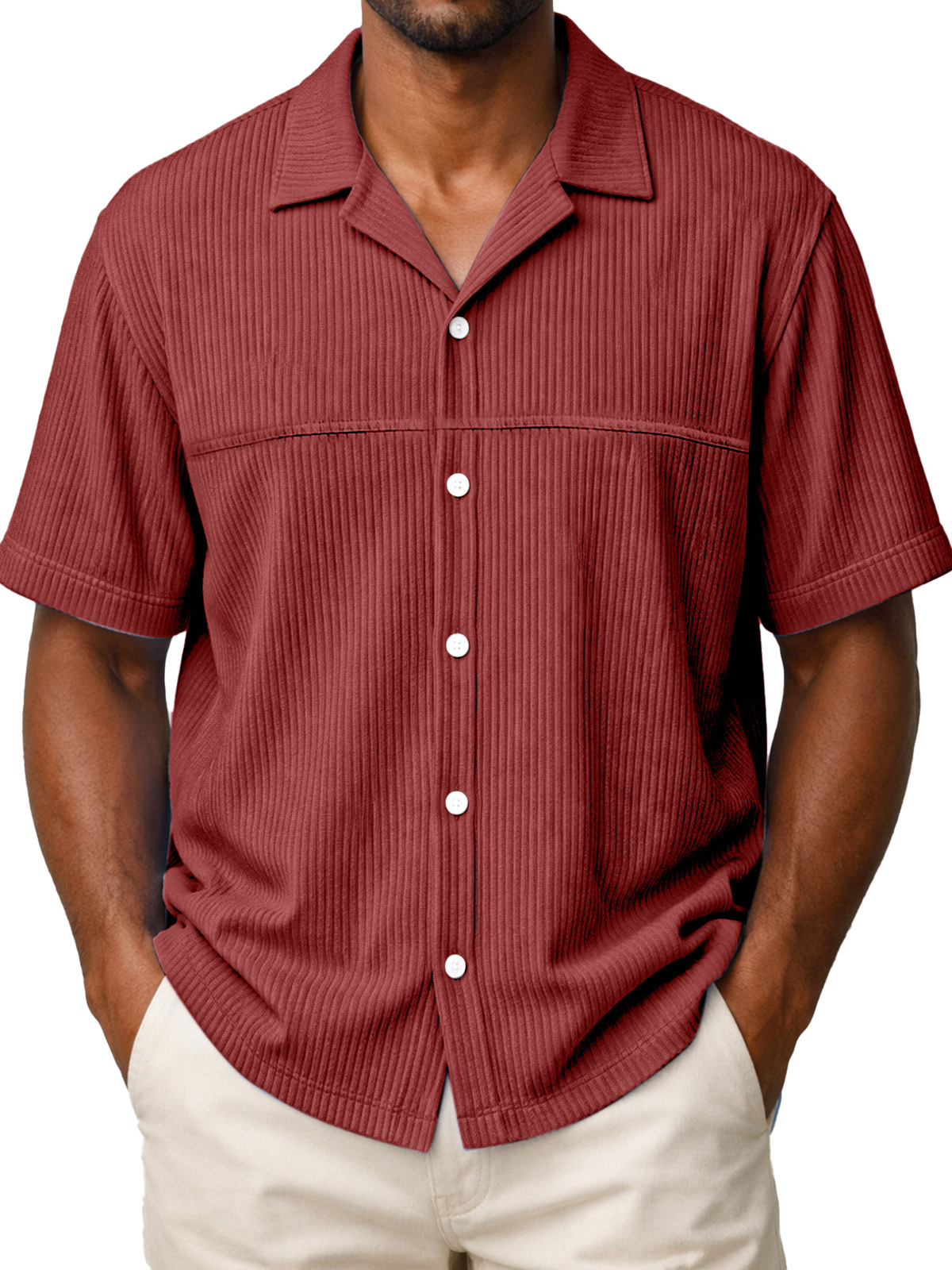 Men's Loose Solid Color Vertical Stripe Panel Design Short-sleeved Polo Shirt