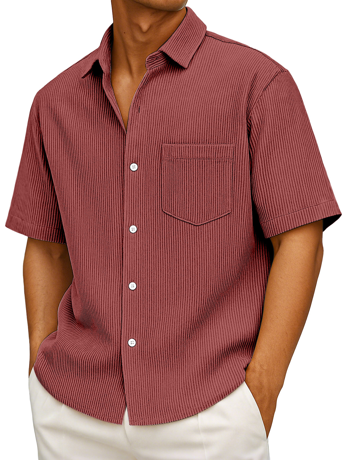 Men's Casual Simple Solid Color Vertical Pit Short-sleeved Button-down Shirt