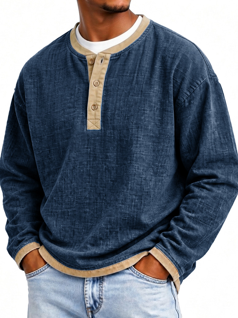 Men's Fashionable Patchwork Linen Fabric Long-sleeved Henley Shirt