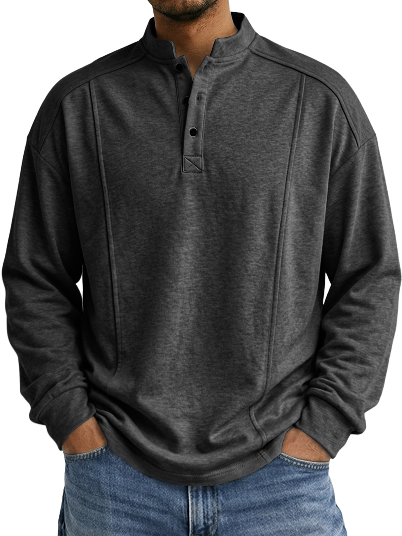 Men's Stand-up Collar Button-down Design Casual Long-sleeved Henley Shirt