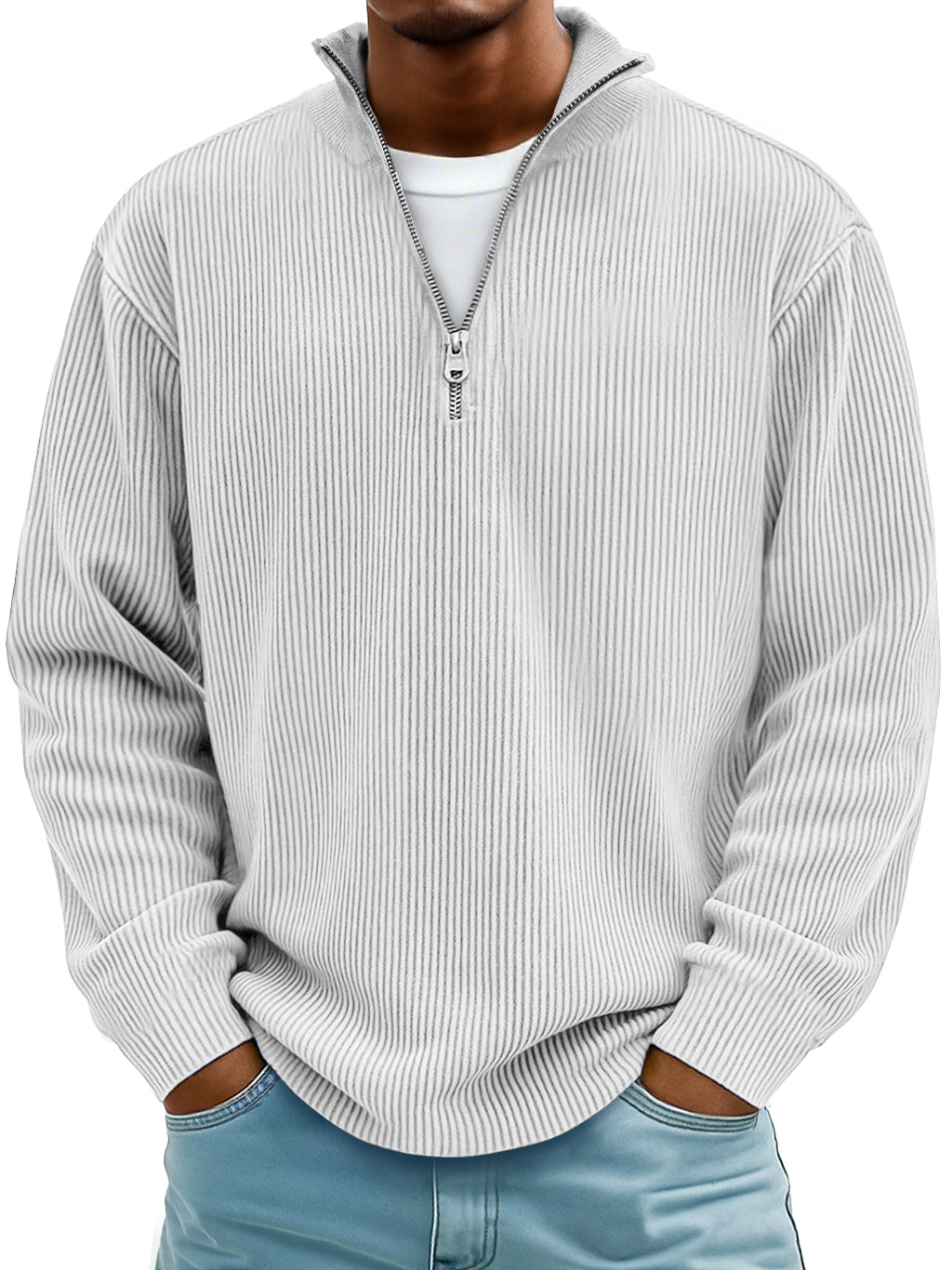 Men's Simple Casual Ribbed Stand Collar Zipper Long Sleeve T-shirt