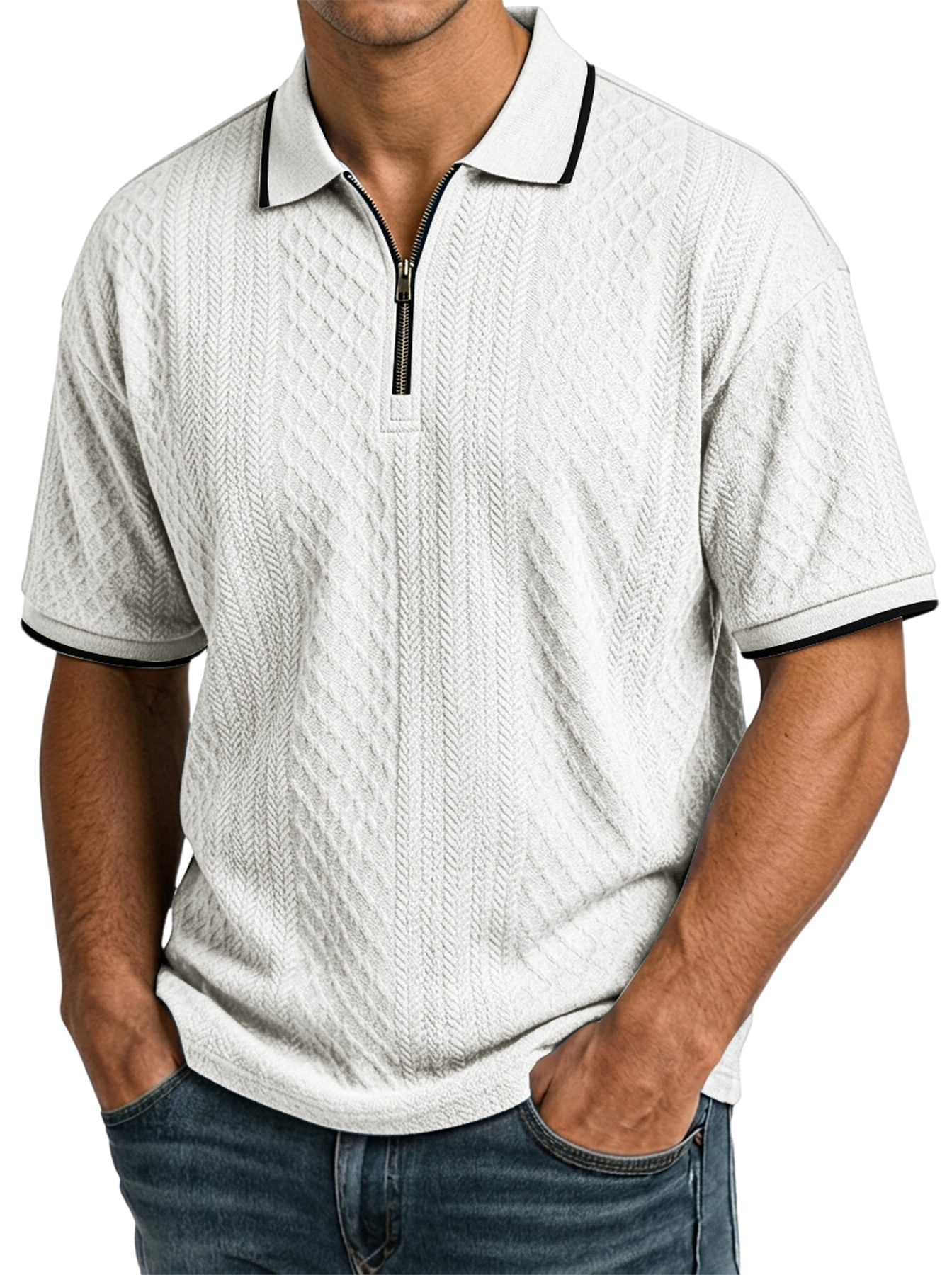 Men's Casual Jacquard Textured Collar Zipper Short-Sleeve Polo Shirt