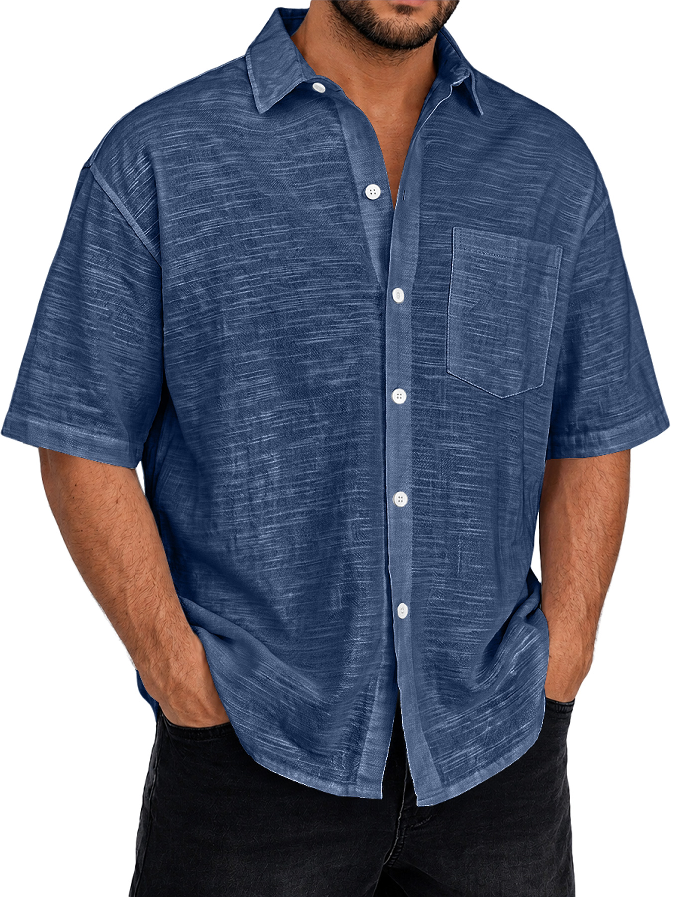 Men's Textured Casual Short-Sleeve Shirt with Collar and Pocket