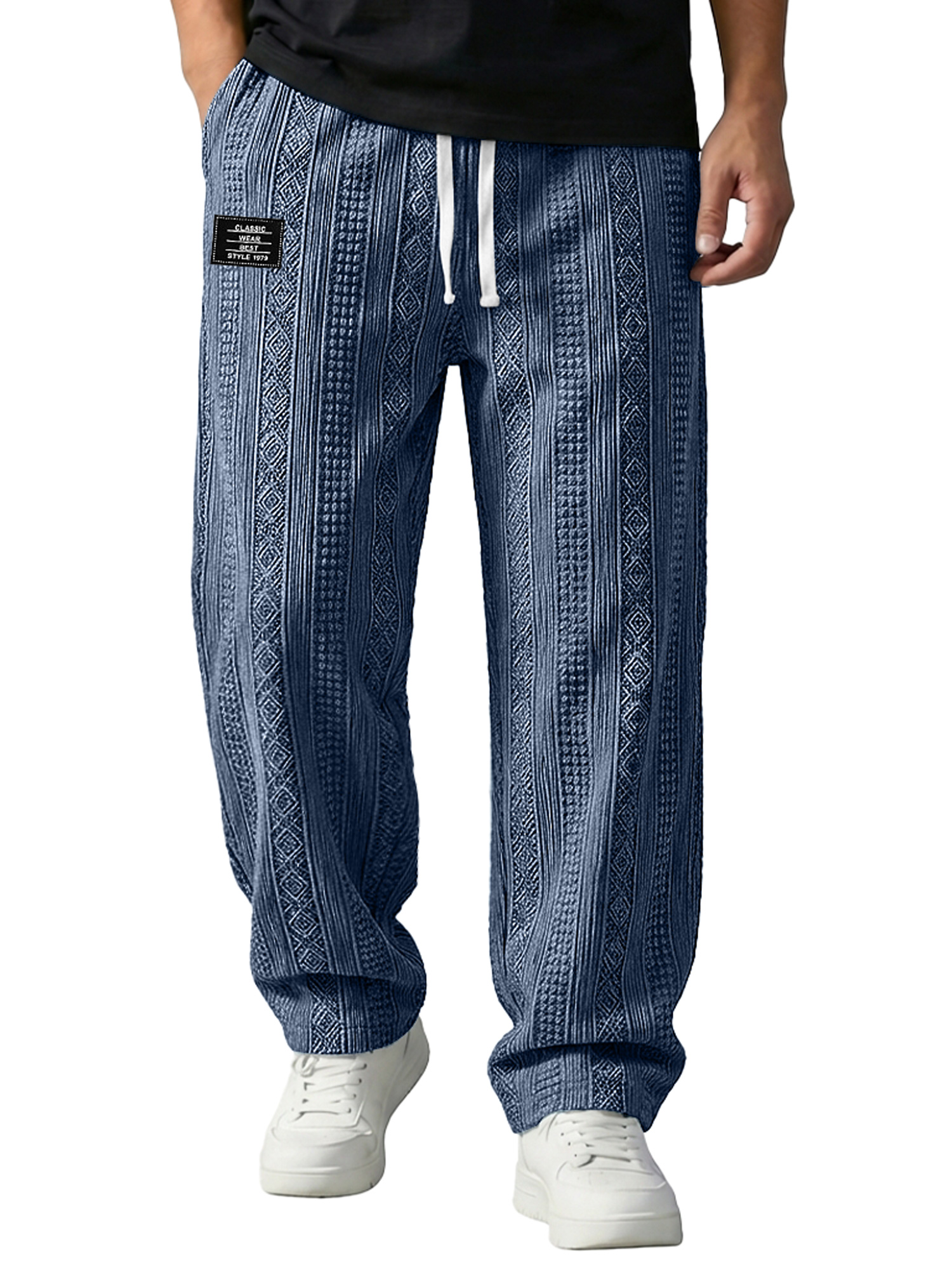 Men's Jacquard Textured Embroidered Logo Casual Loose-fitting Trousers With Elastic Waistband