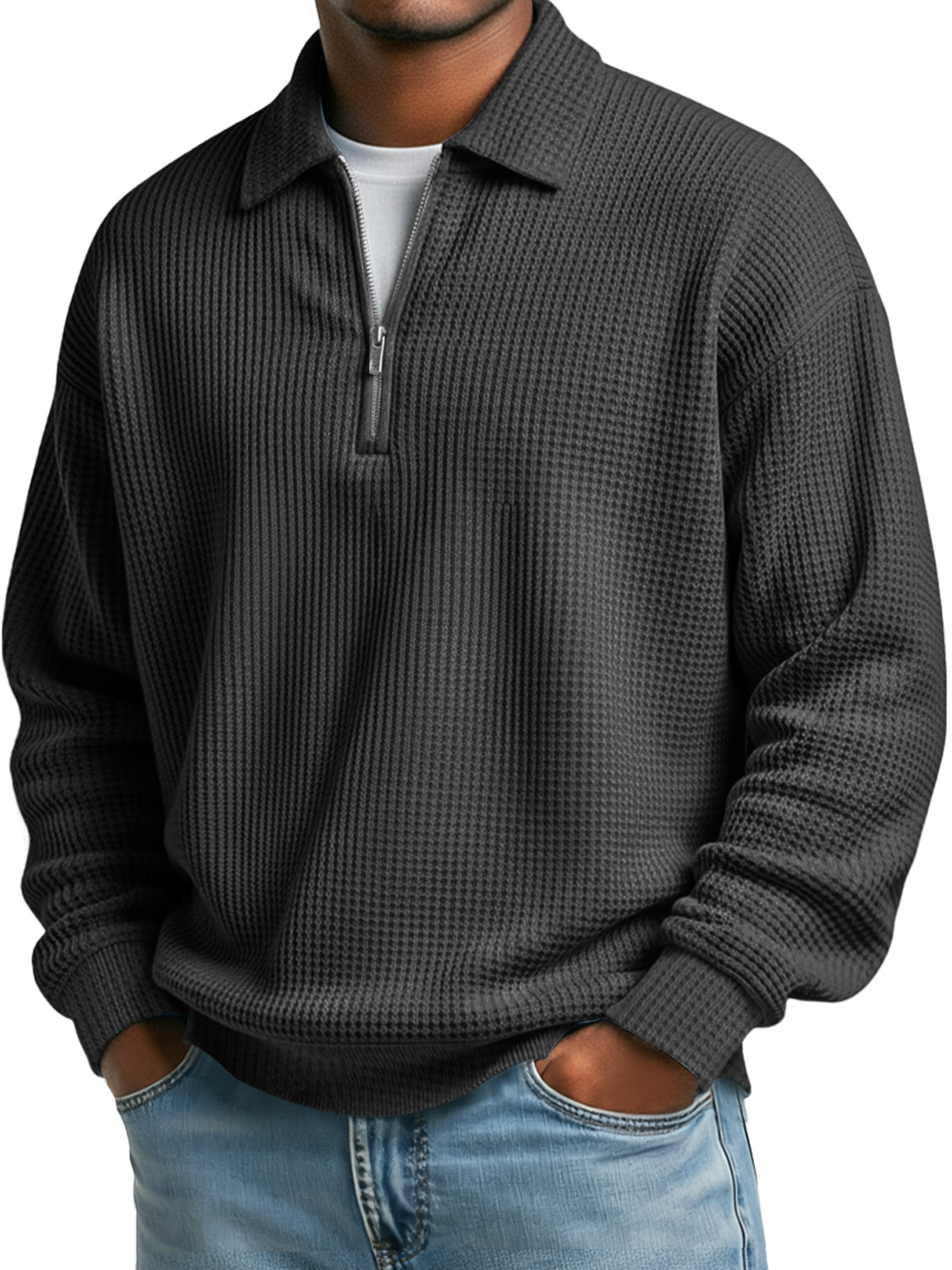 Simple Waffle Lapel Zipper Casual Solid Color Polo Shirt