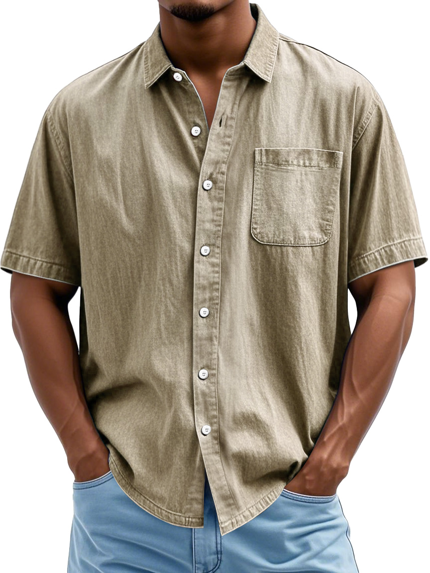 Men's Fashion Casual Lapel Pocket Solid Color Short Shirt