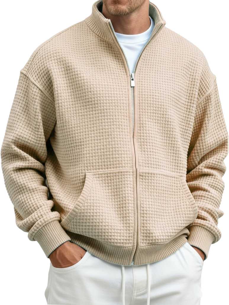 Men's Fashion Casual Waffle Fabric Stand Collar Long-Sleeve Pocket Sweatshirt