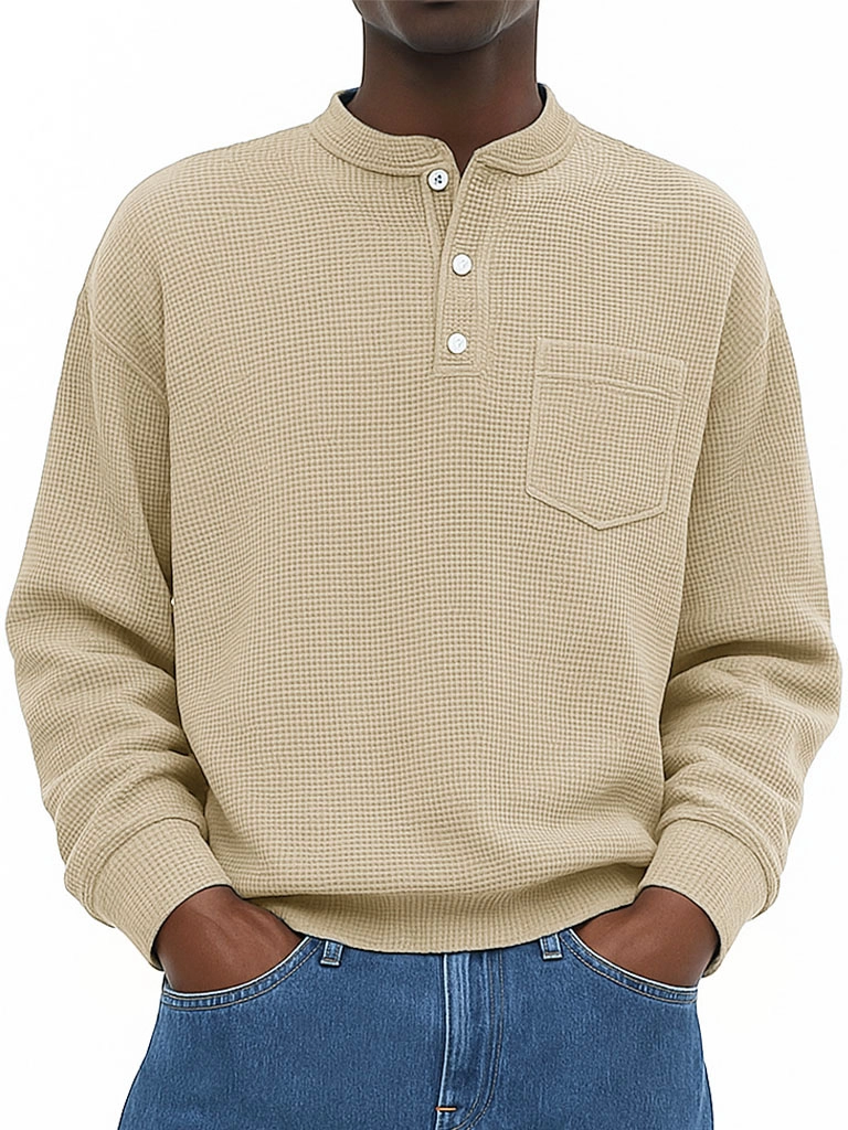 Men's Wear Fashionable Casual Waffle Fabric Pockets Long-sleeved Henry Shirt