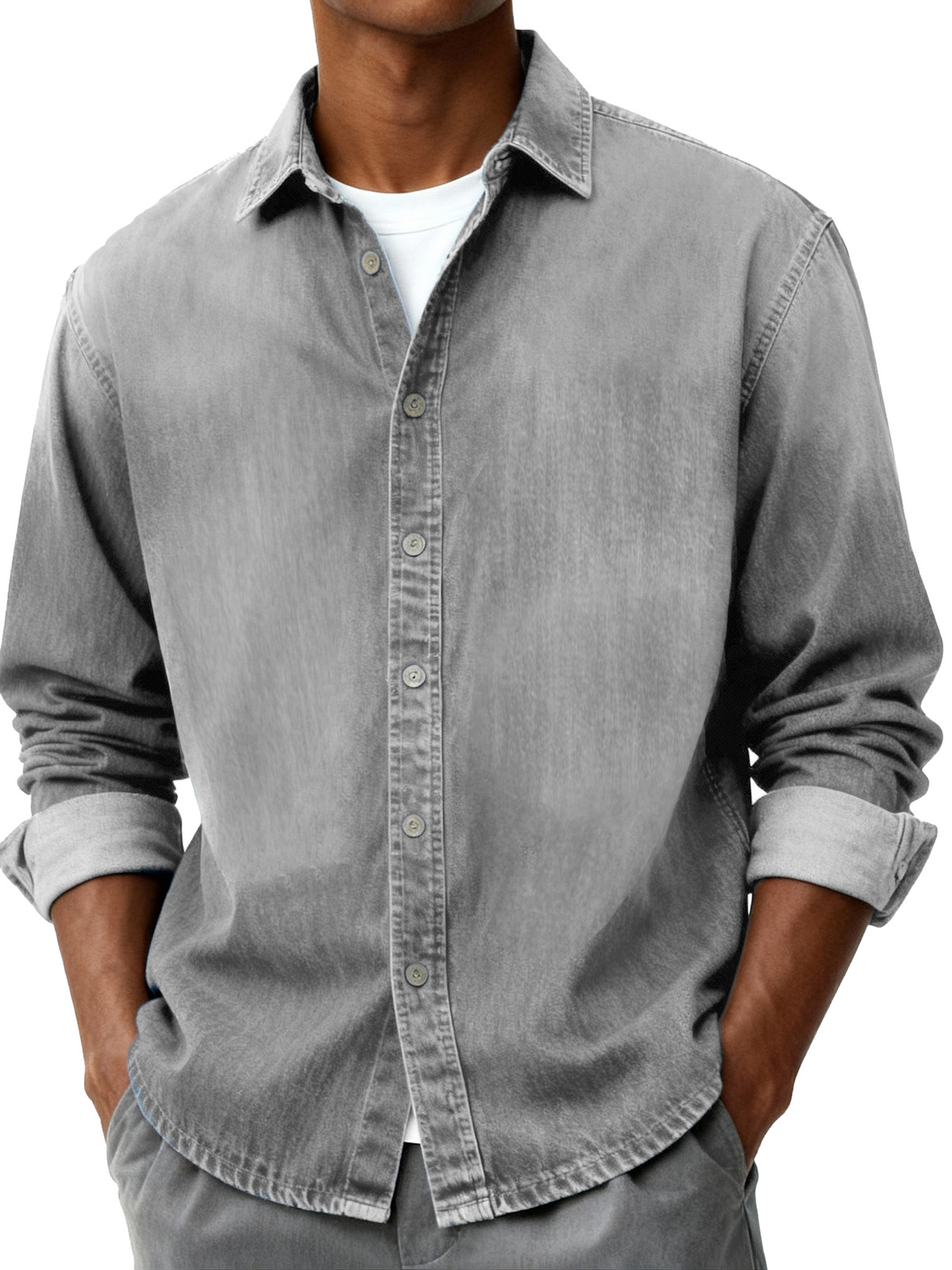 Men's Fashion Retro Distressed Pocket Collar Long-Sleeve Shirt