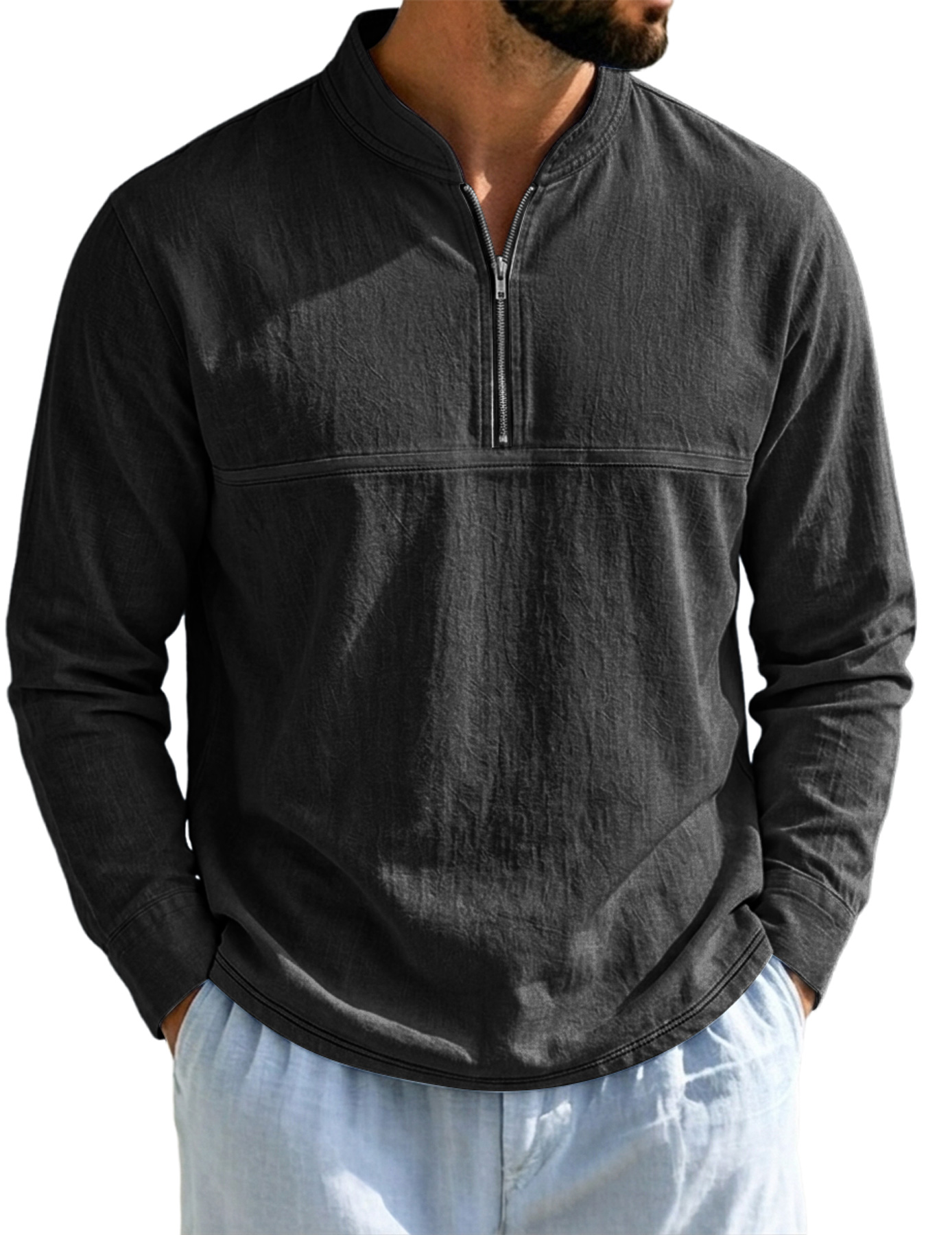 Men's Linen Stand-Collar Zip-Front Casual Long-Sleeve T-Shirt