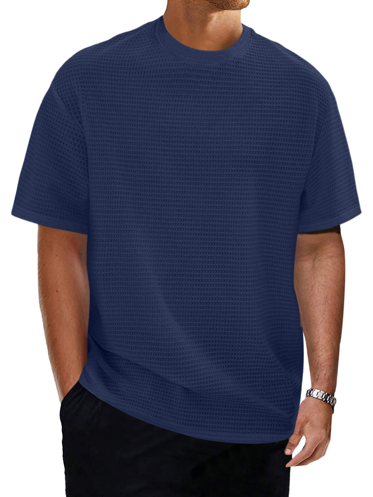 Men's casual round neck waffle texture solid color short-sleeved T-shirt