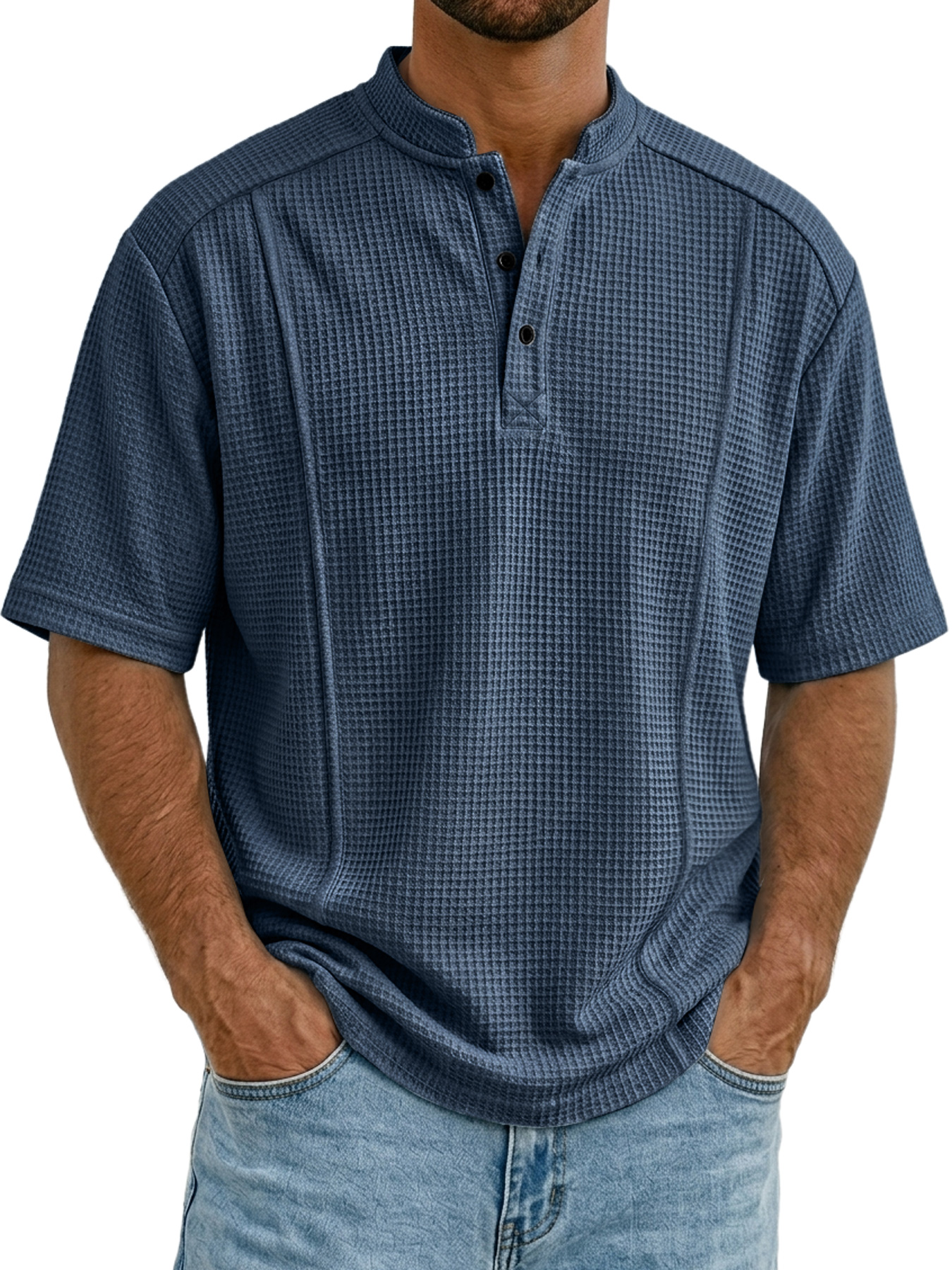 Men's Waffle Collar Button Deconstructed Casual Short-Sleeve Henley Shirt