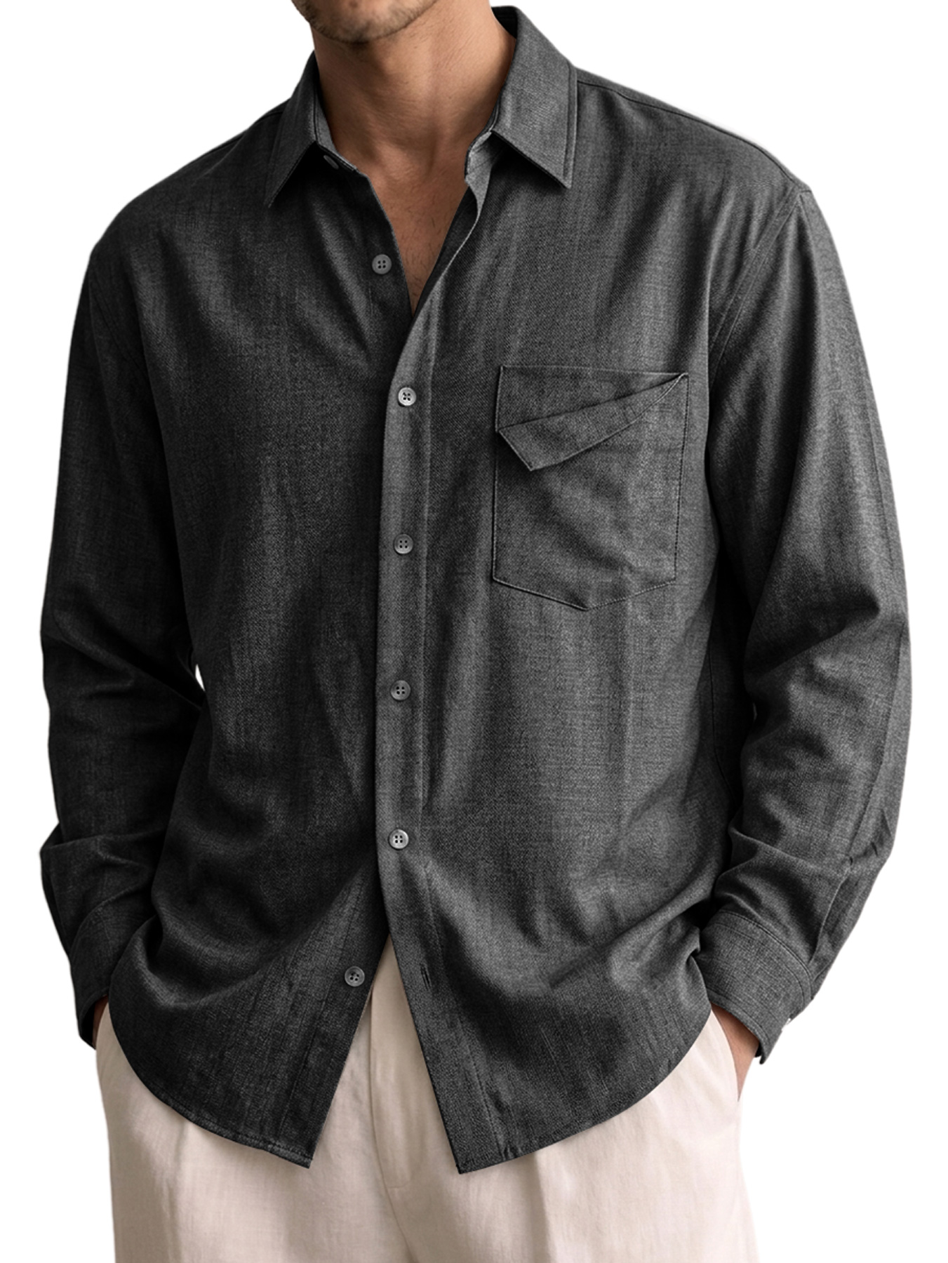 Men's Comfortable Long-Sleeve Cotton-Linen Shirt with Pocket Design