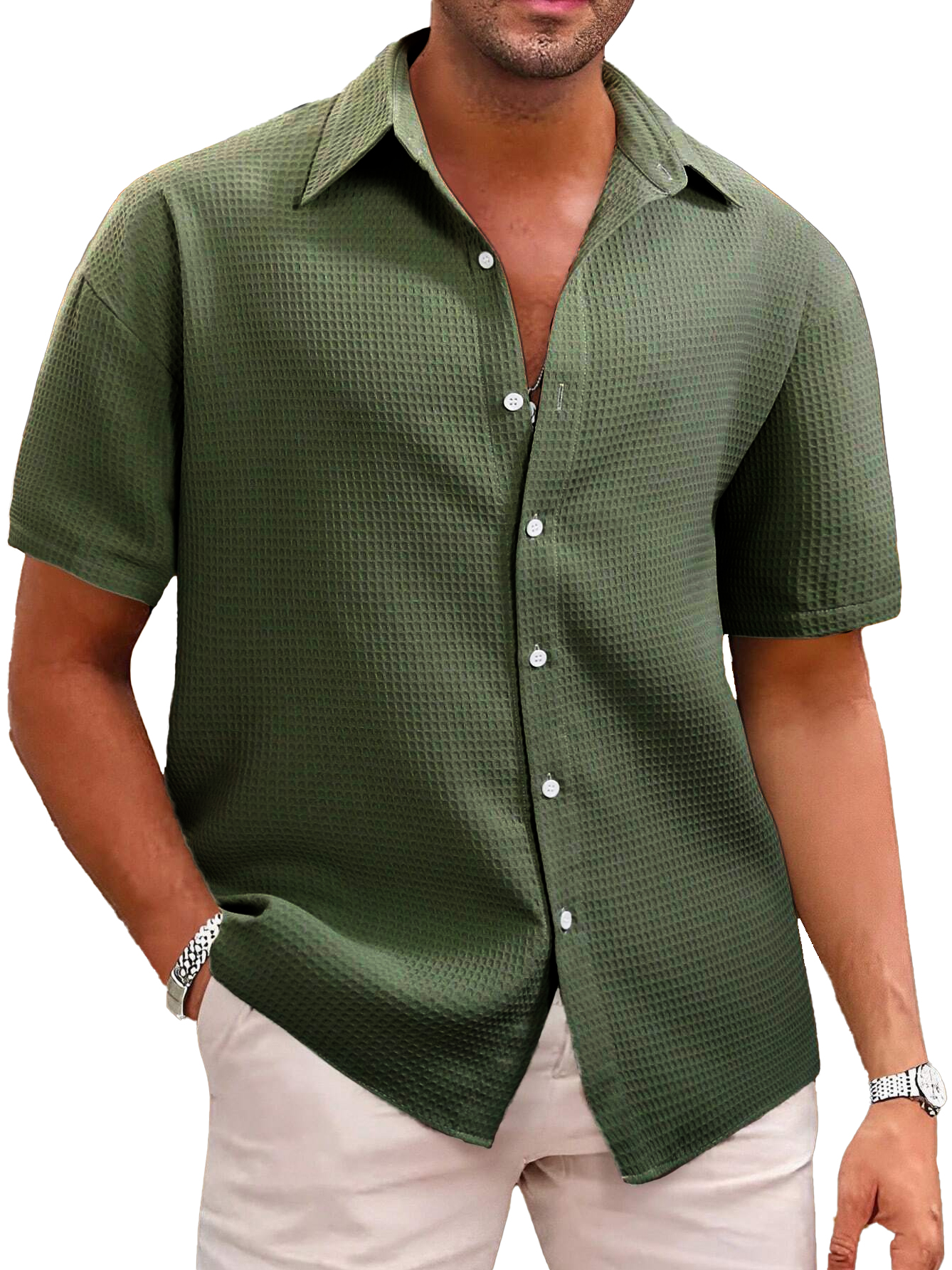 Hawaiian Men's Casual Lapel Waffle Fabric Short Sleeve Shirt