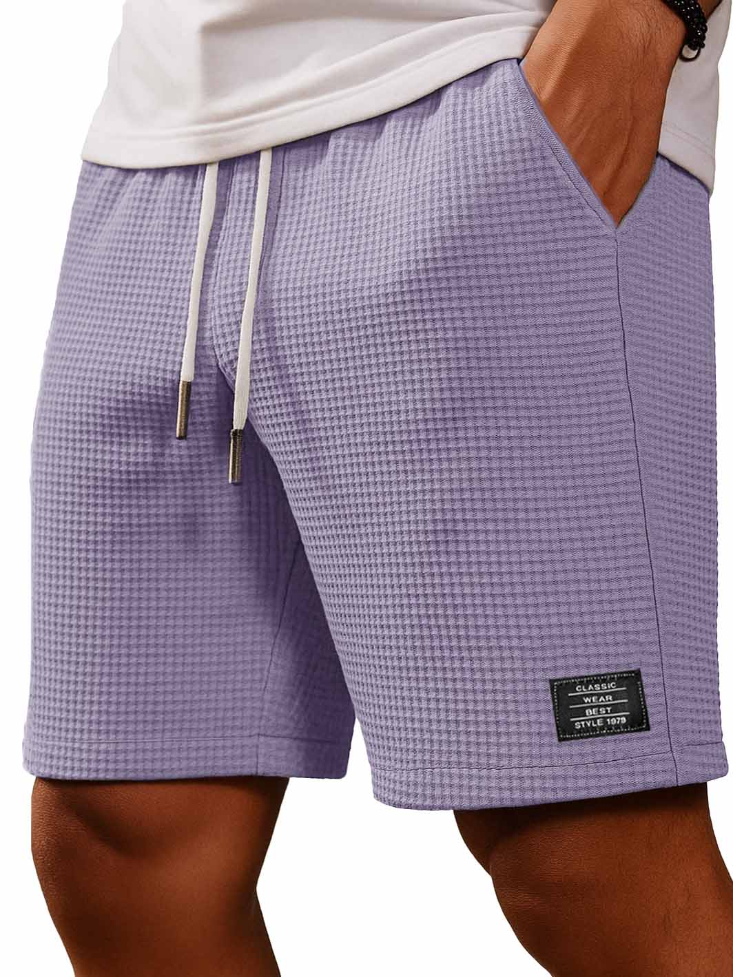 Men's Fashion Everyday Casual Waffle Fabric Embroidered Logo Pocket Shorts